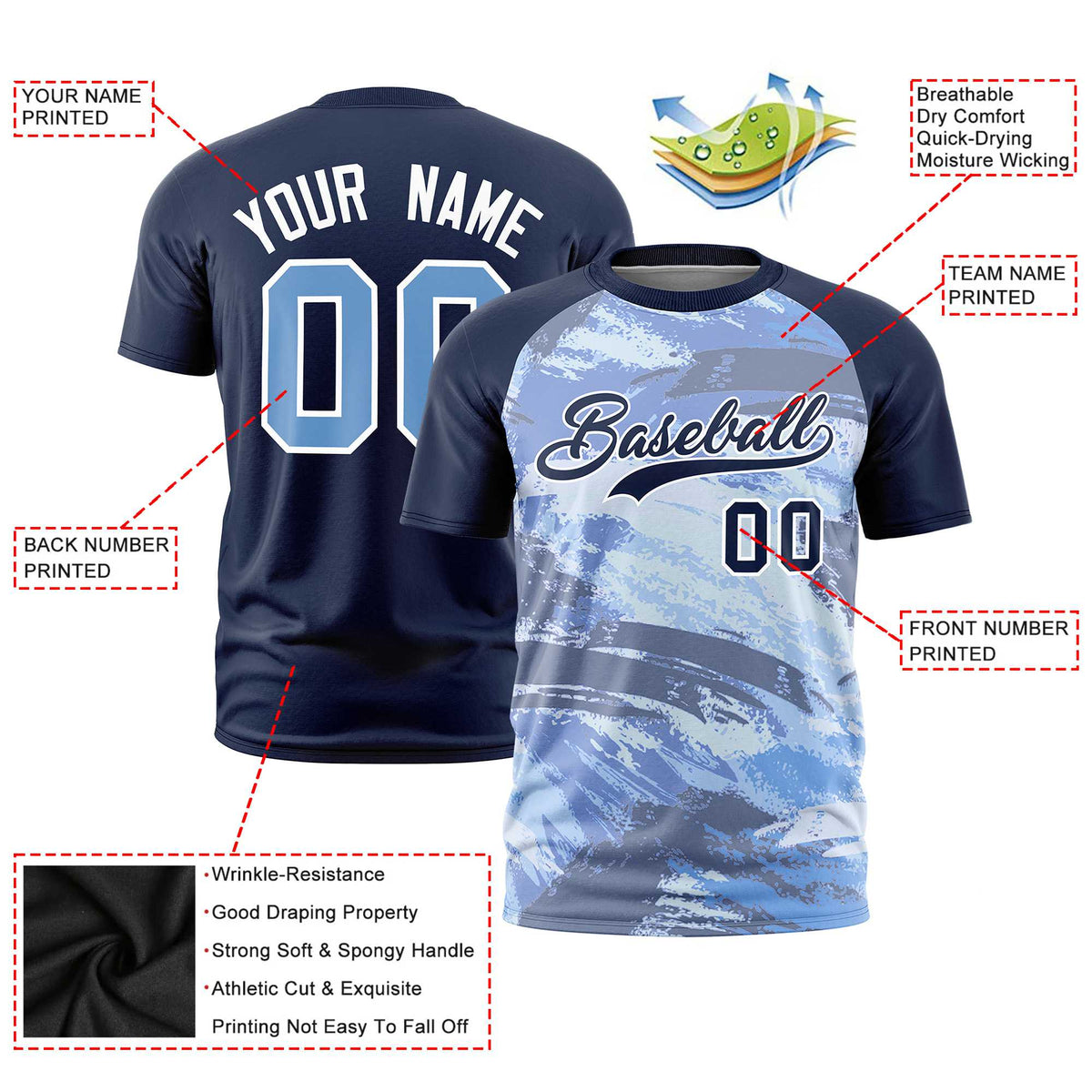 Custom Navy Light Blue Abstract Brush Stroke Performance T-Shirt