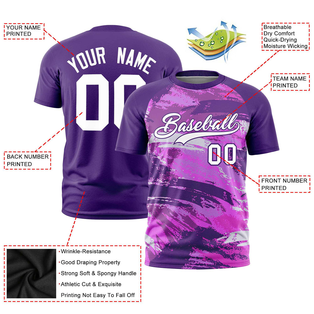 Custom Purple White Abstract Brush Stroke Performance T-Shirt