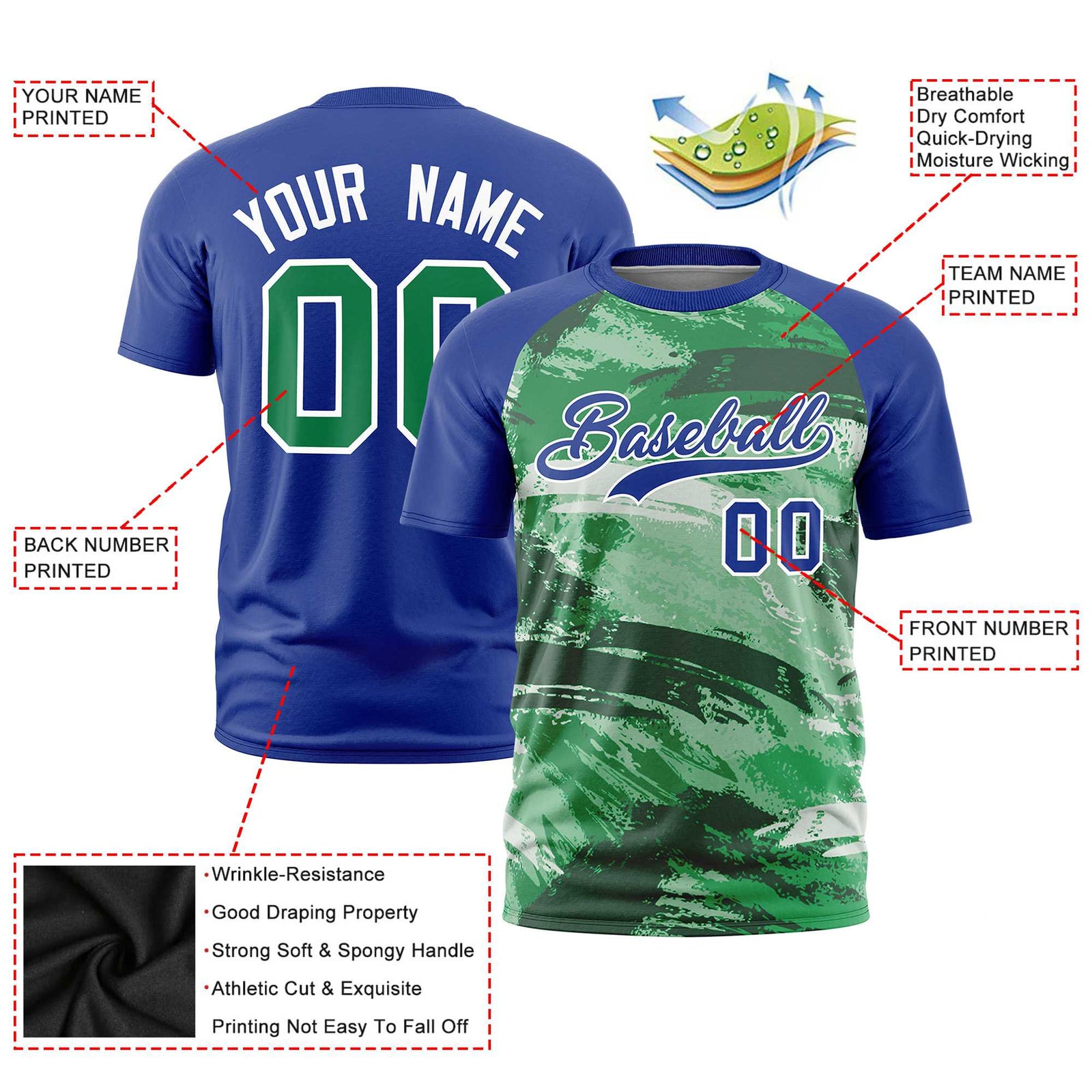 Custom Royal Blue Kelly Green Abstract Brush Stroke Performance T-Shirt