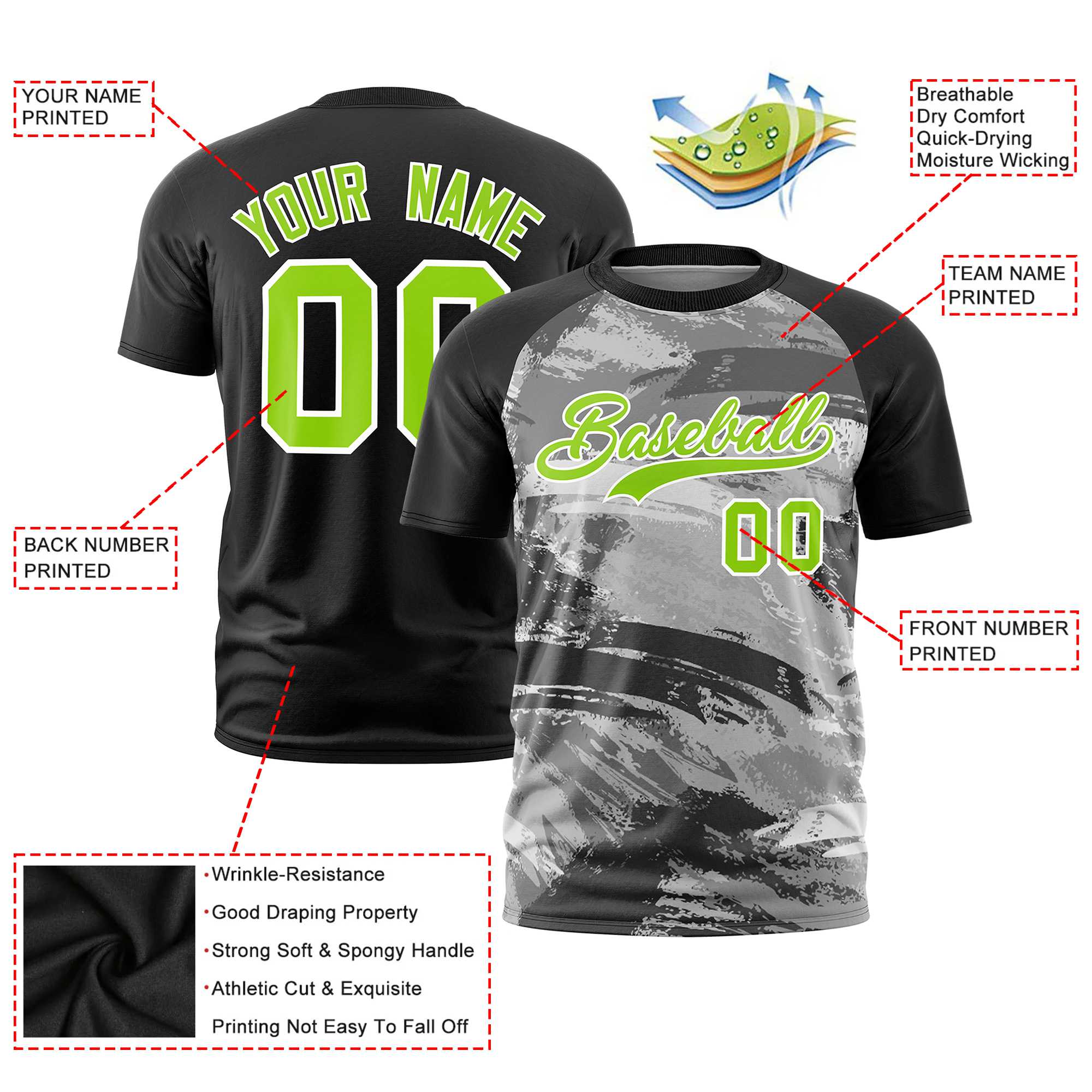 Custom Black Neon Green Abstract Brush Stroke Performance T-Shirt