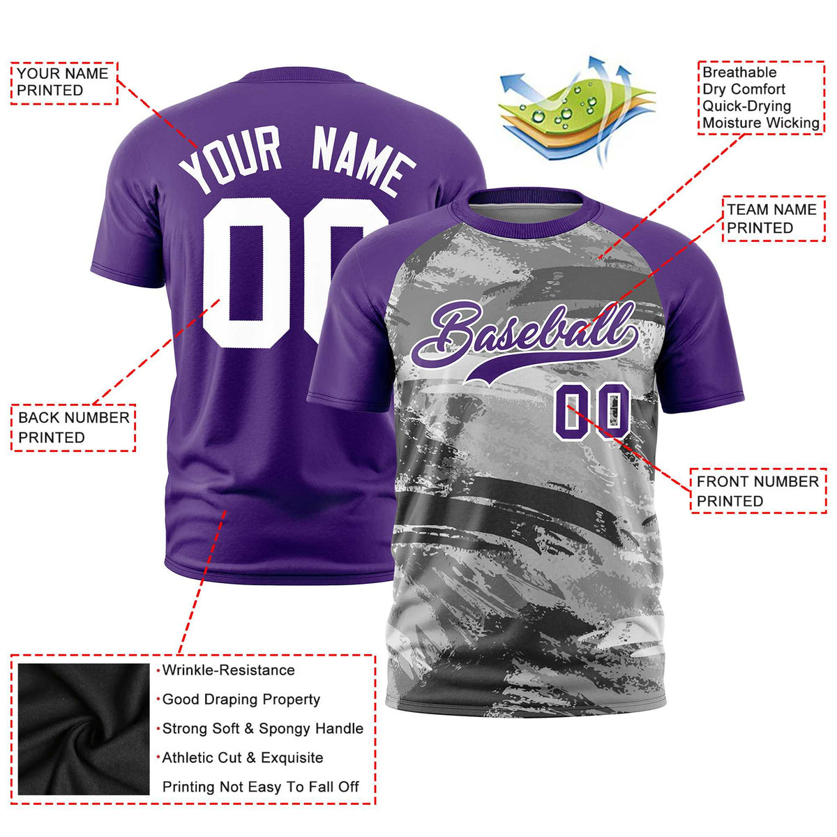 Custom Purple Gray Abstract Brush Stroke Performance T-Shirt