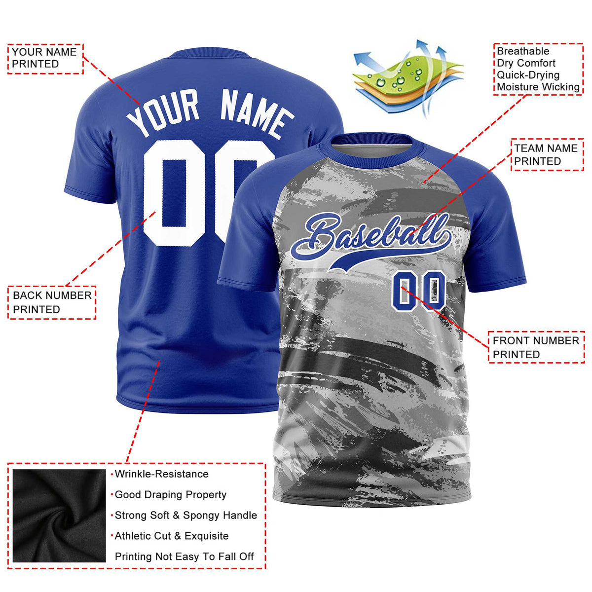 Custom Royal Blue Gray Abstract Brush Stroke Performance T-Shirt