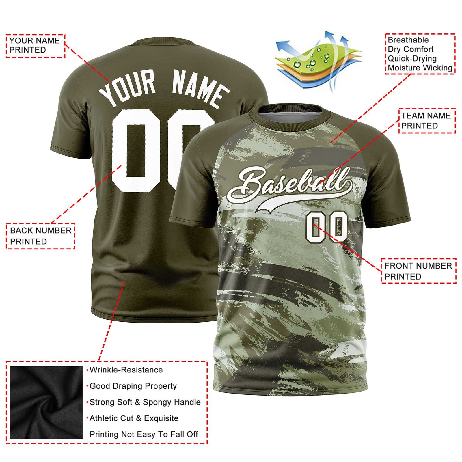 Custom Olive White Abstract Brush Stroke Performance T-Shirt