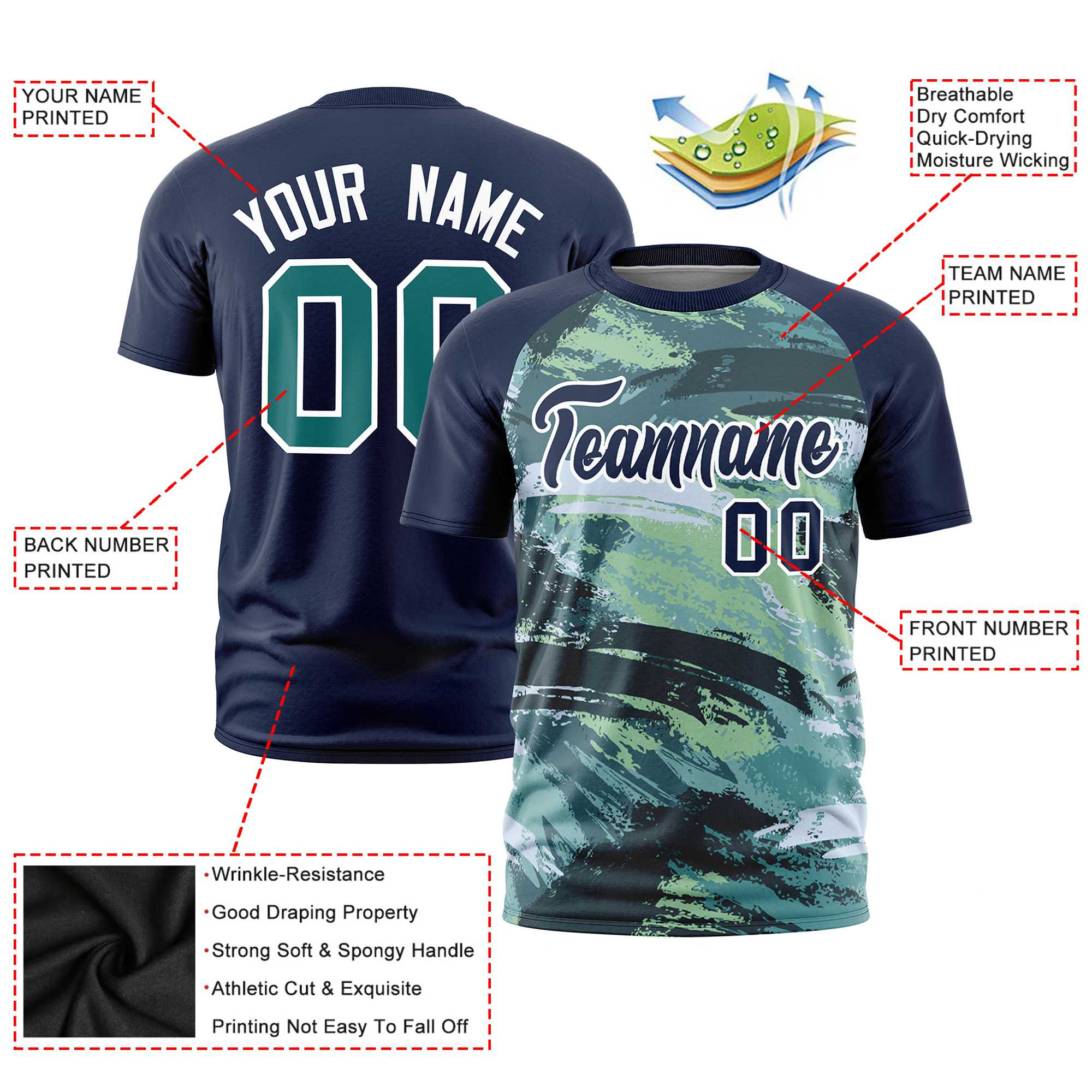 Custom Navy Aqua Abstract Brush Stroke Performance T-Shirt