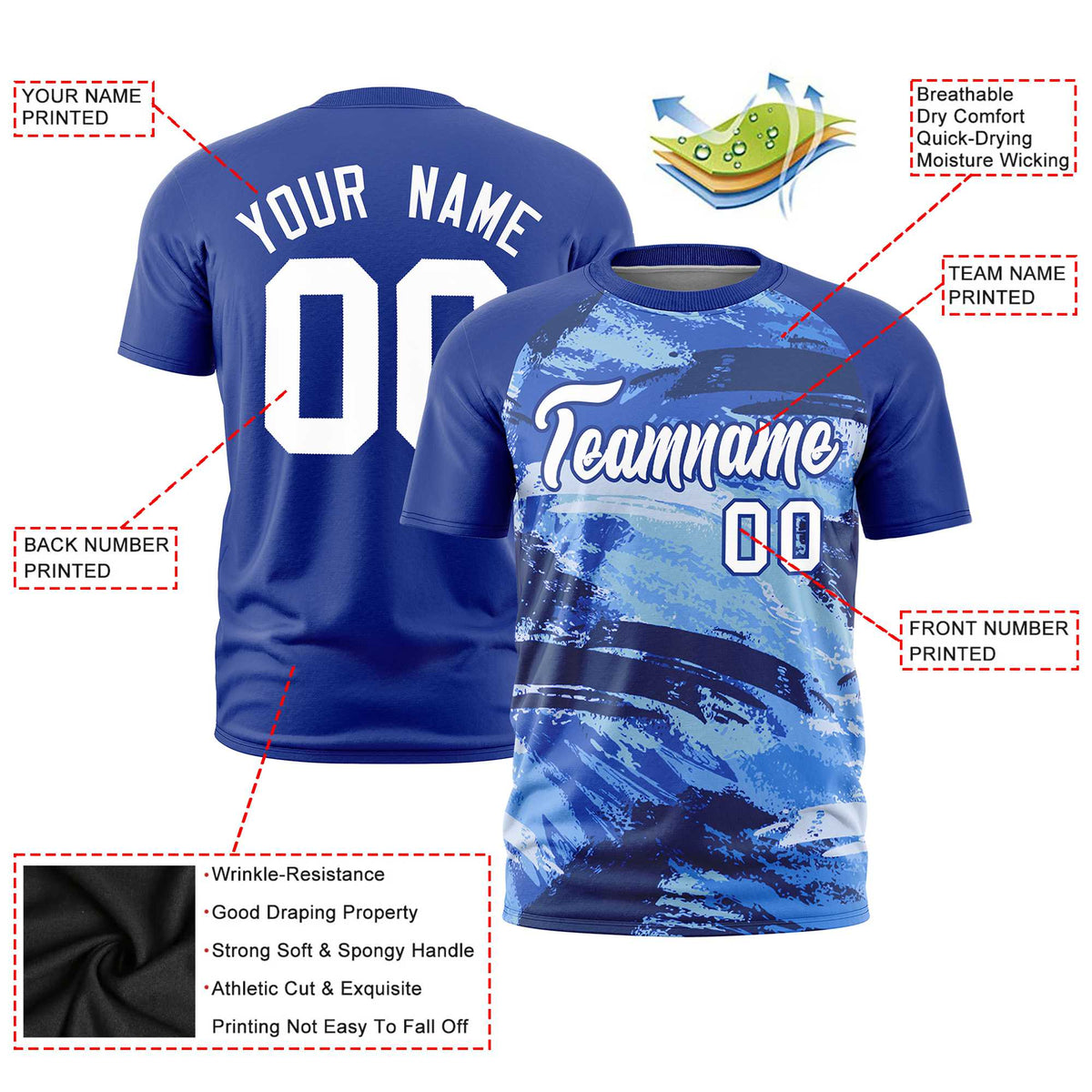 Custom Royal Blue White Abstract Brush Stroke Performance T-Shirt