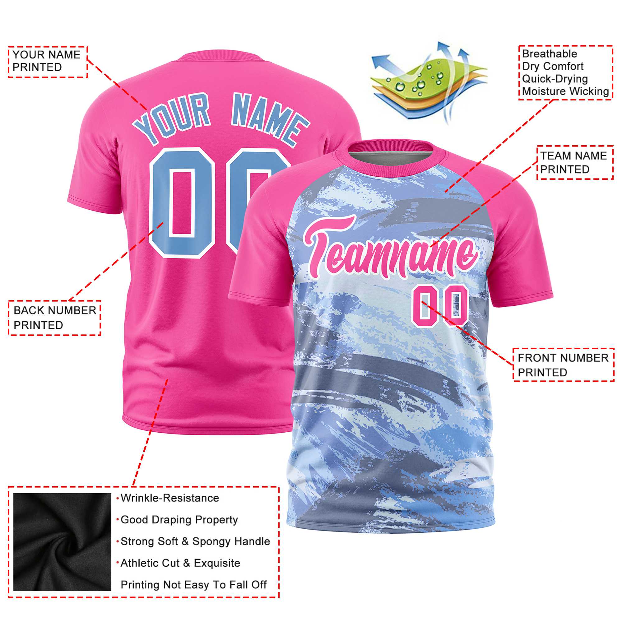 Custom Pink Light Blue Abstract Brush Stroke Performance T-Shirt