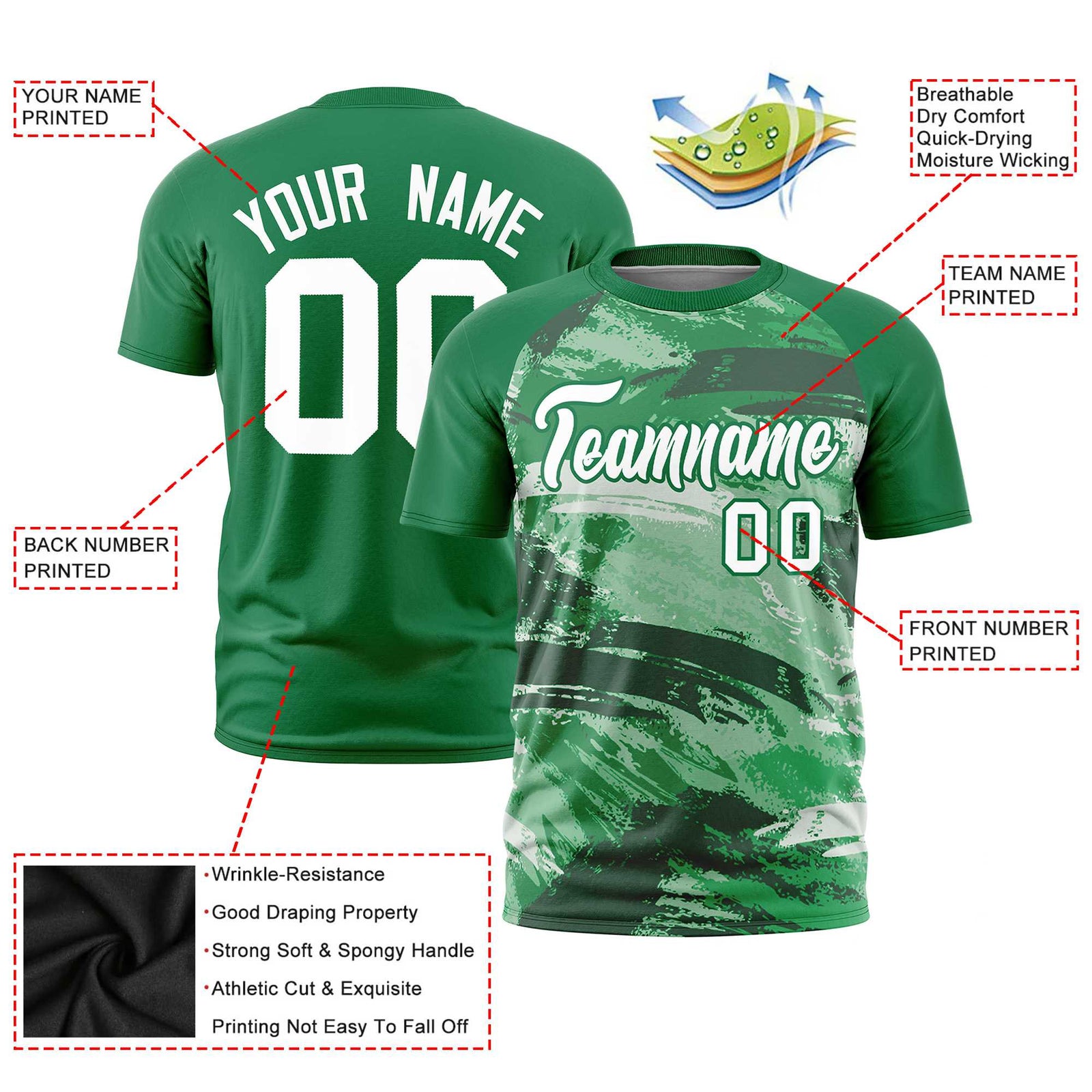 Custom Kelly Green White Abstract Brush Stroke Performance T-Shirt