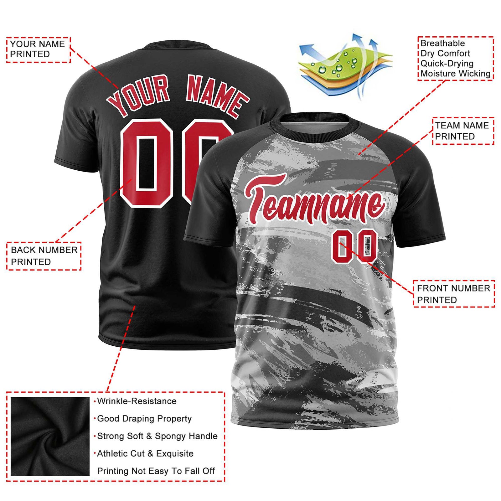Custom Black Red Abstract Brush Stroke Performance T-Shirt