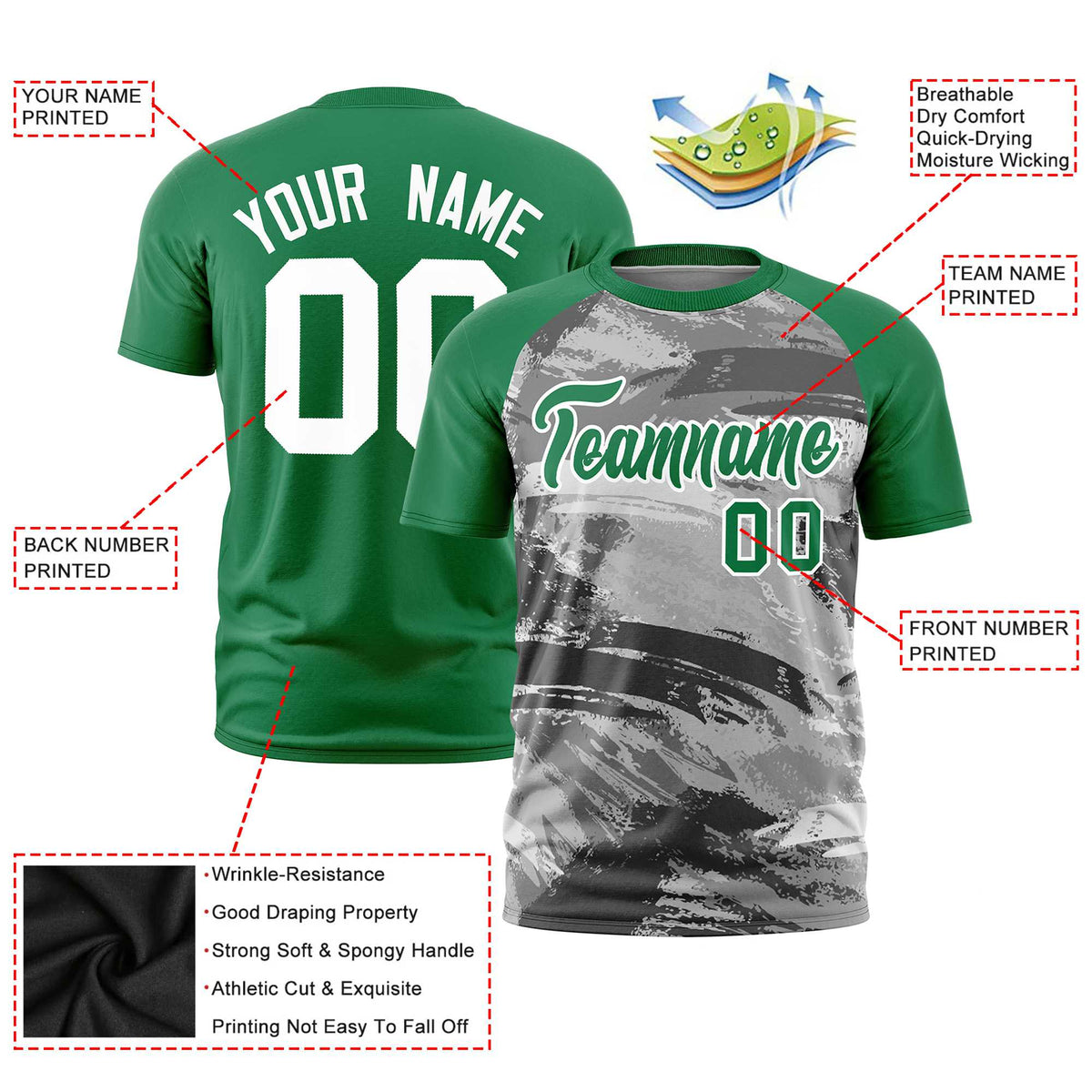 Custom Kelly Green Gray Abstract Brush Stroke Performance T-Shirt