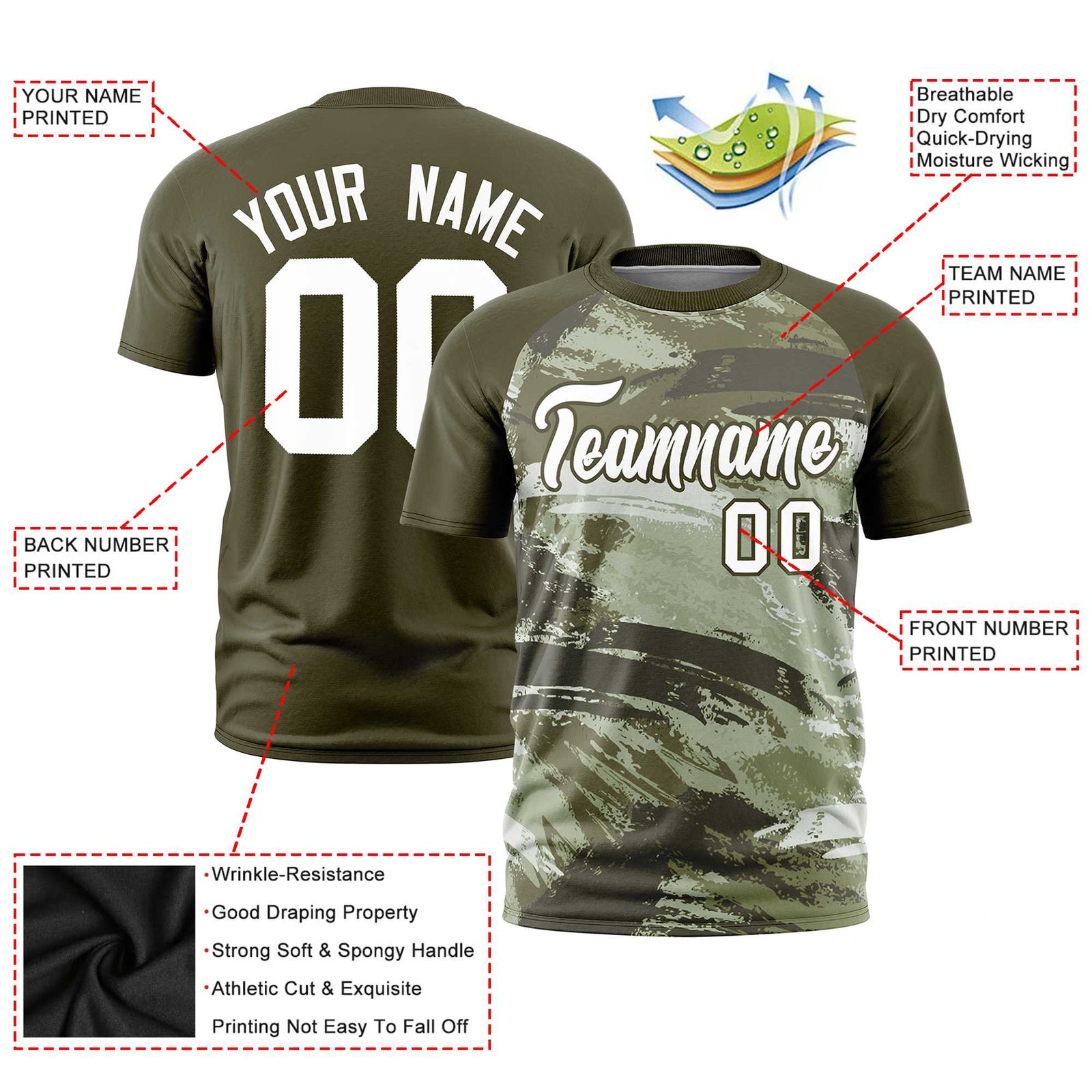 Custom Olive White Abstract Brush Stroke Performance T-Shirt