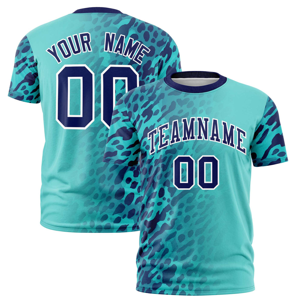 Custom Aqua Navy Personalized Leopard Print Graffiti Pattern Performance T-Shirt