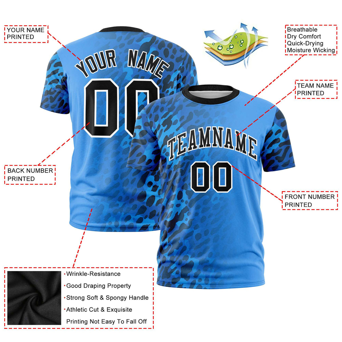 Custom Powder Blue Black Personalized Leopard Print Graffiti Pattern Performance T-Shirt