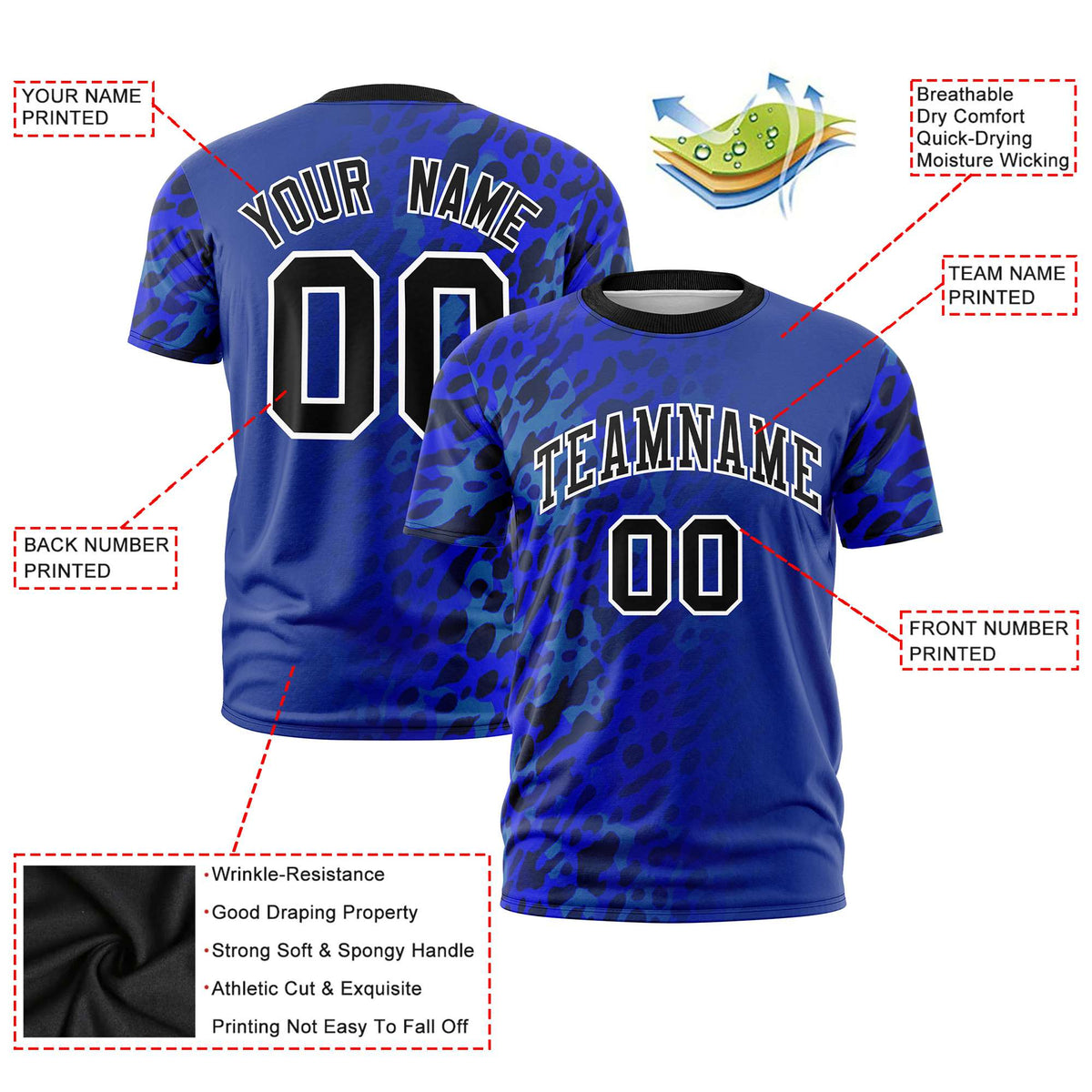 Custom Royal Blue Black Personalized Leopard Print Graffiti Pattern Performance T-Shirt