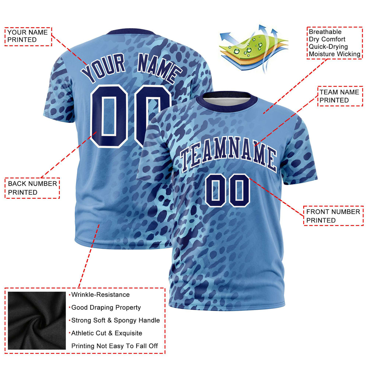 Custom Light Blue Navy Personalized Leopard Print Graffiti Pattern Performance T-Shirt