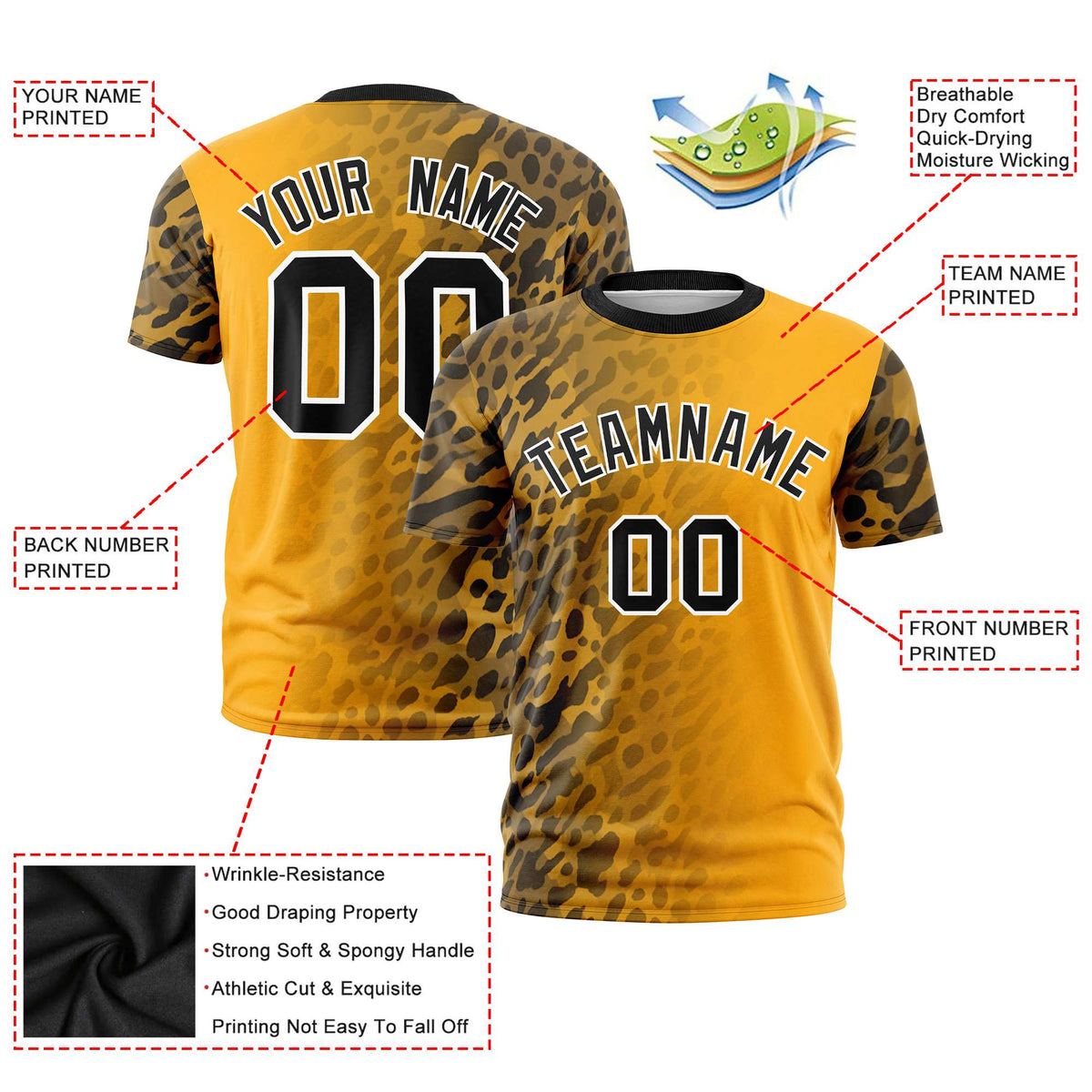 Custom Yellow Black Personalized Leopard Print Graffiti Pattern Performance T-Shirt