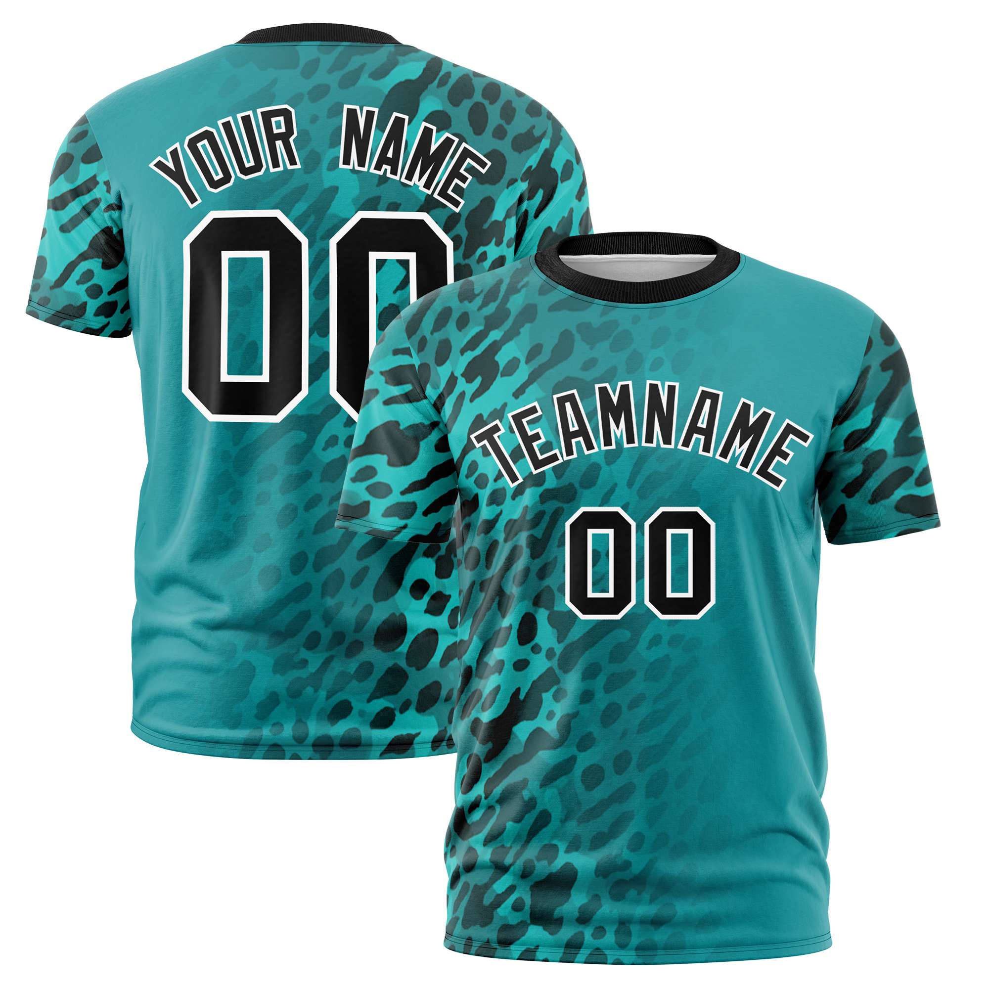 Custom Aqua Black Personalized Leopard Print Graffiti Pattern Performance T-Shirt