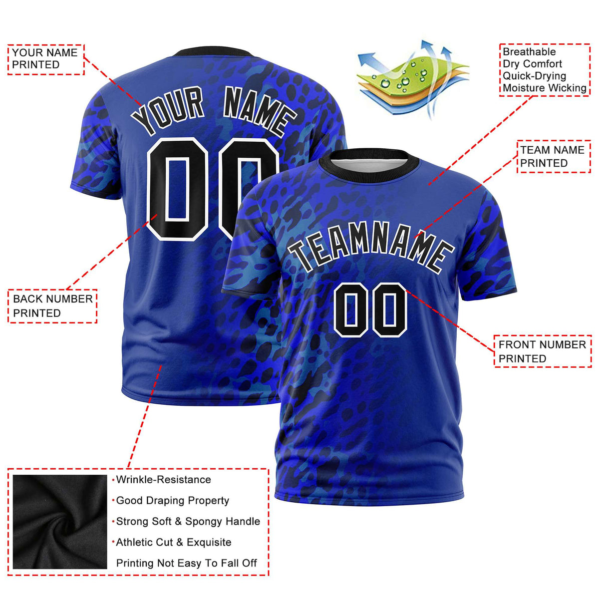 Custom Royal Blue Black Personalized Leopard Print Graffiti Pattern Performance T-Shirt