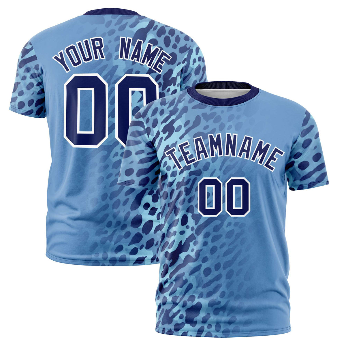 Custom Light Blue Navy Personalized Leopard Print Graffiti Pattern Performance T-Shirt