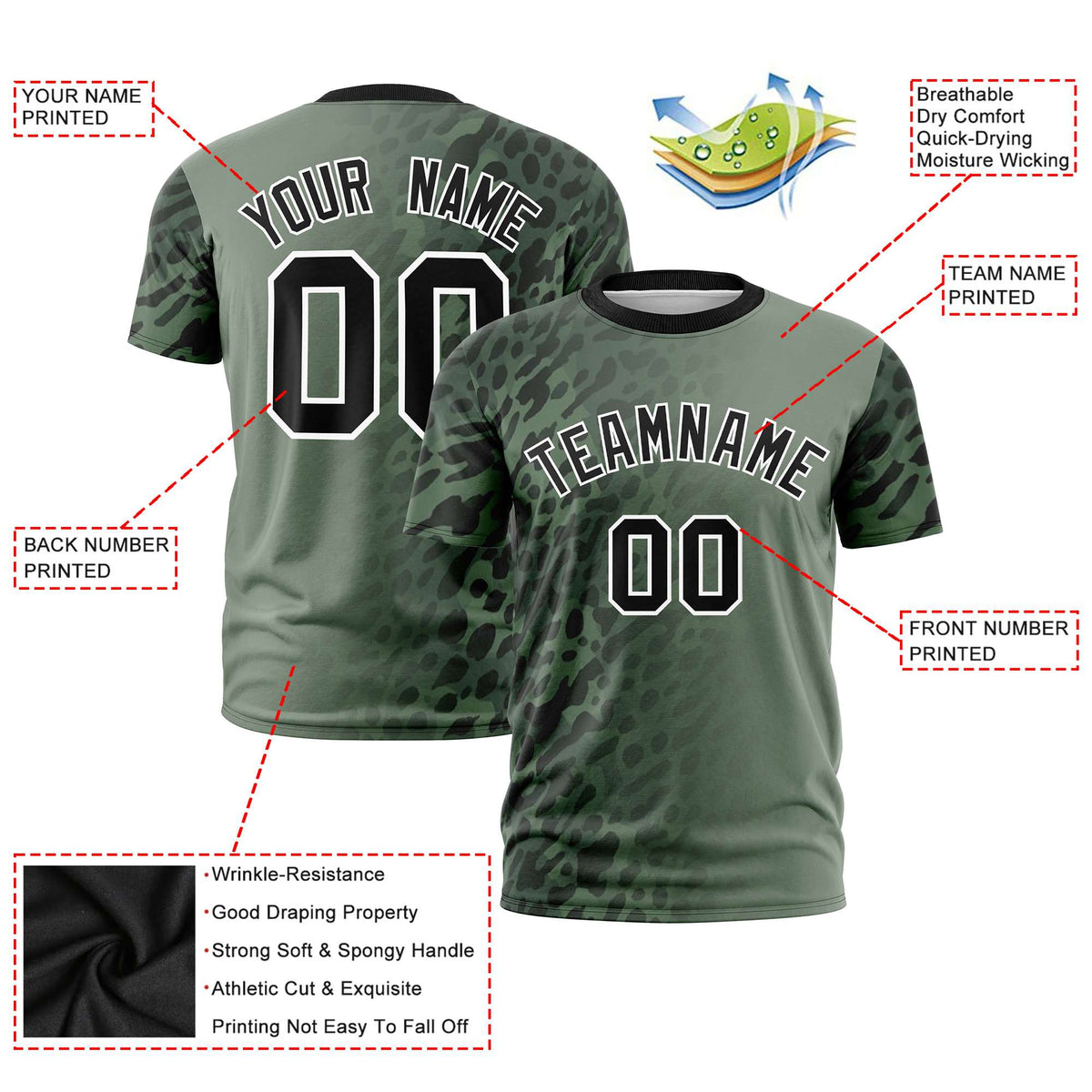 Custom Olive Black Personalized Leopard Print Graffiti Pattern Performance T-Shirt