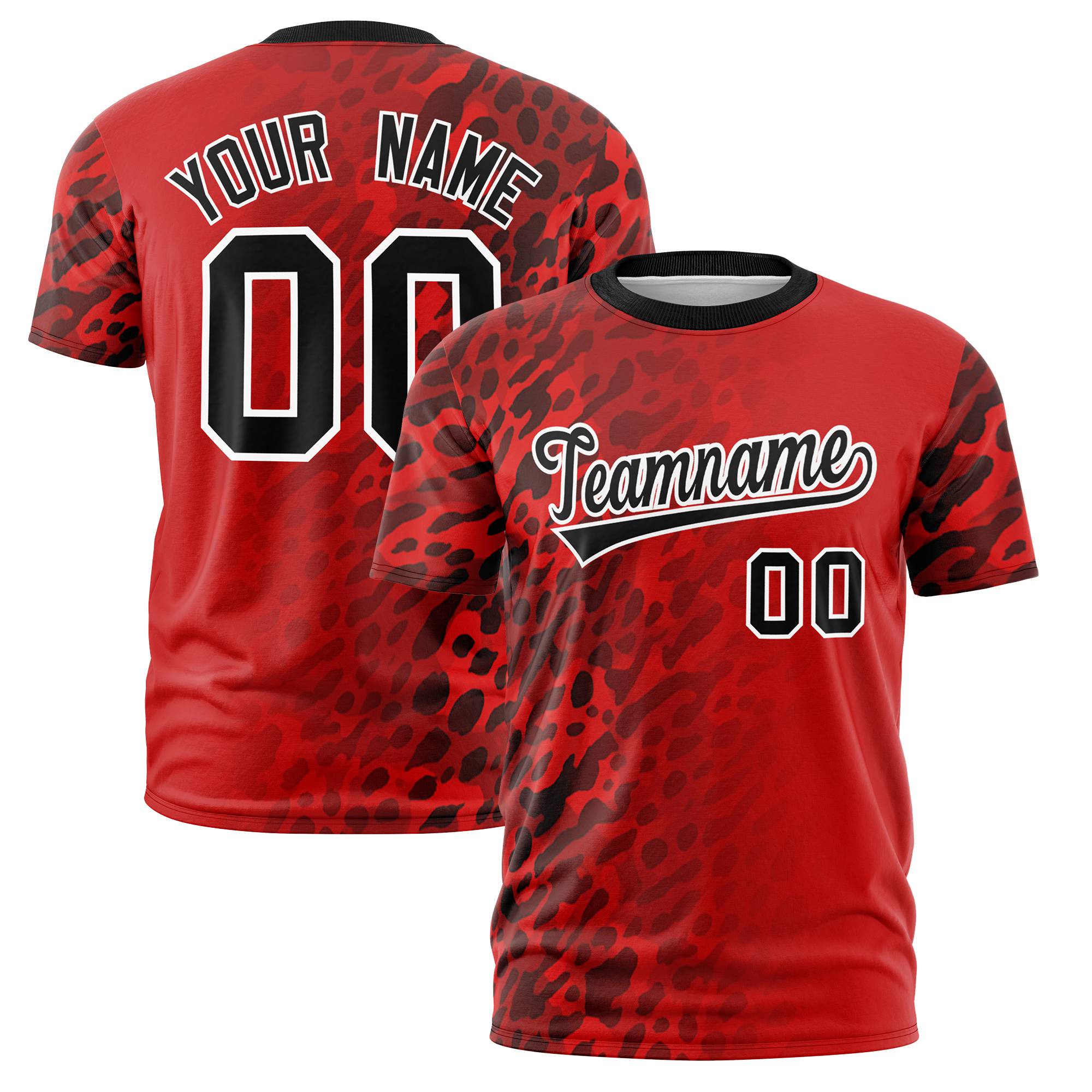 Custom Red Black Personalized Leopard Print Graffiti Pattern Performance T-Shirt