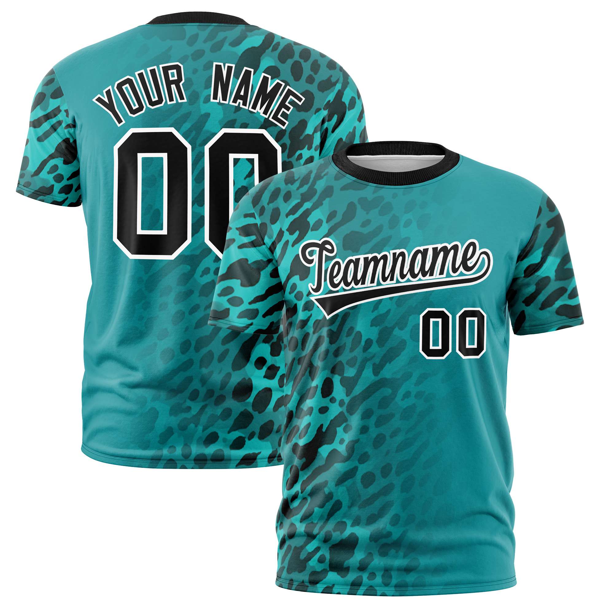 Custom Aqua Black Personalized Leopard Print Graffiti Pattern Performance T-Shirt