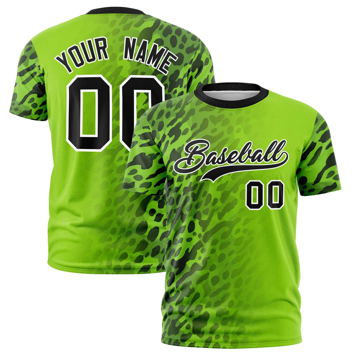 Custom Neon Green Black Personalized Leopard Print Graffiti Pattern Performance T-Shirt