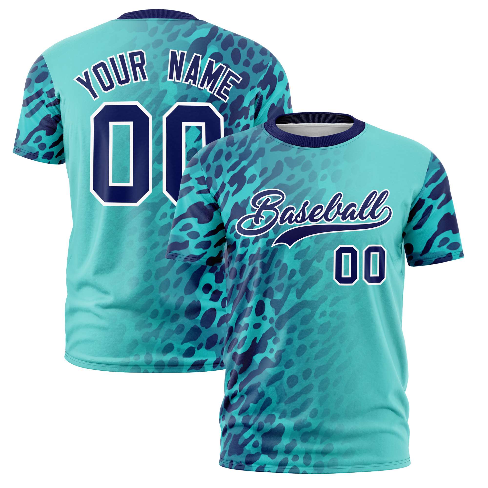 Custom Aqua Navy Personalized Leopard Print Graffiti Pattern Performance T-Shirt