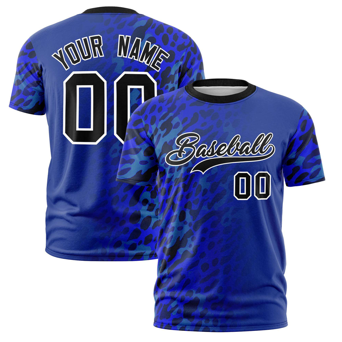 Custom Royal Blue Black Personalized Leopard Print Graffiti Pattern Performance T-Shirt