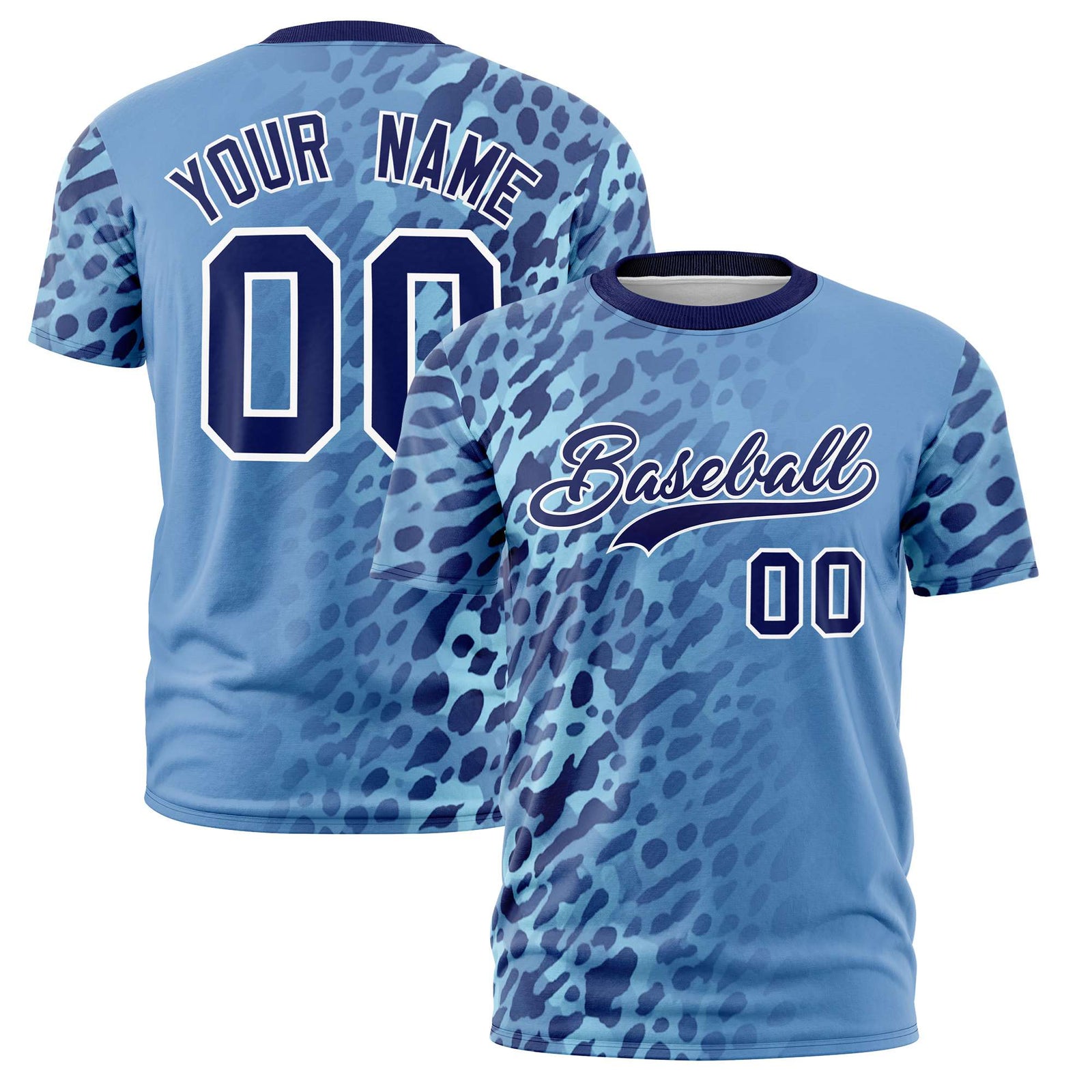 Custom Light Blue Navy Personalized Leopard Print Graffiti Pattern Performance T-Shirt