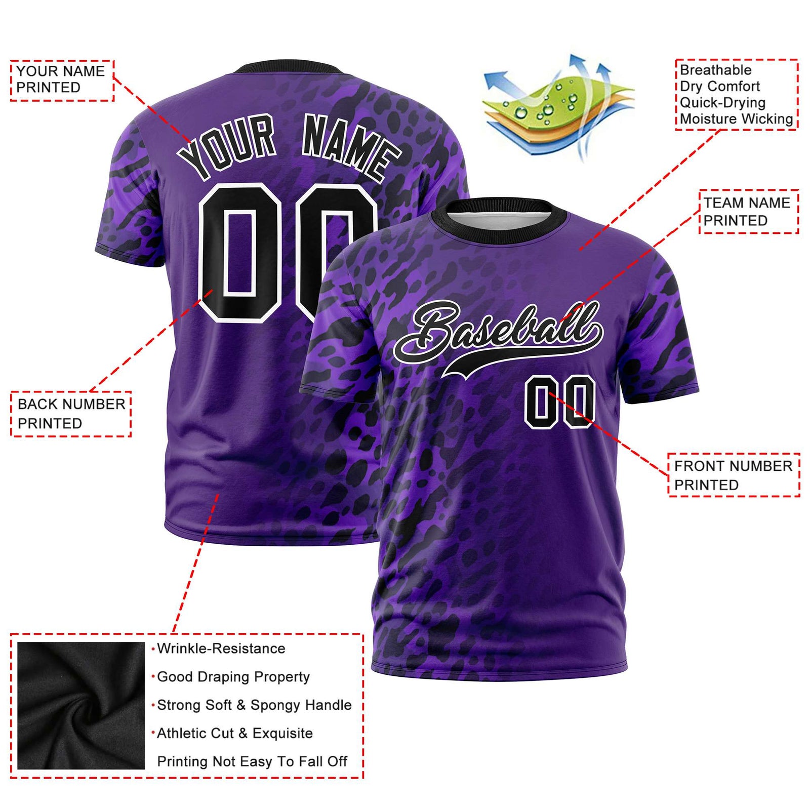Custom Purple Black Personalized Leopard Print Graffiti Pattern Performance T-Shirt