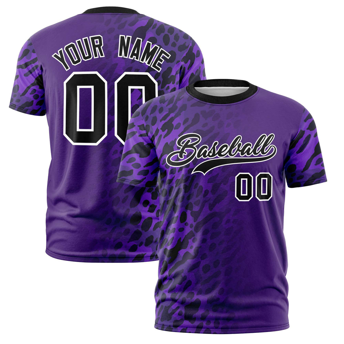 Custom Purple Black Personalized Leopard Print Graffiti Pattern Performance T-Shirt