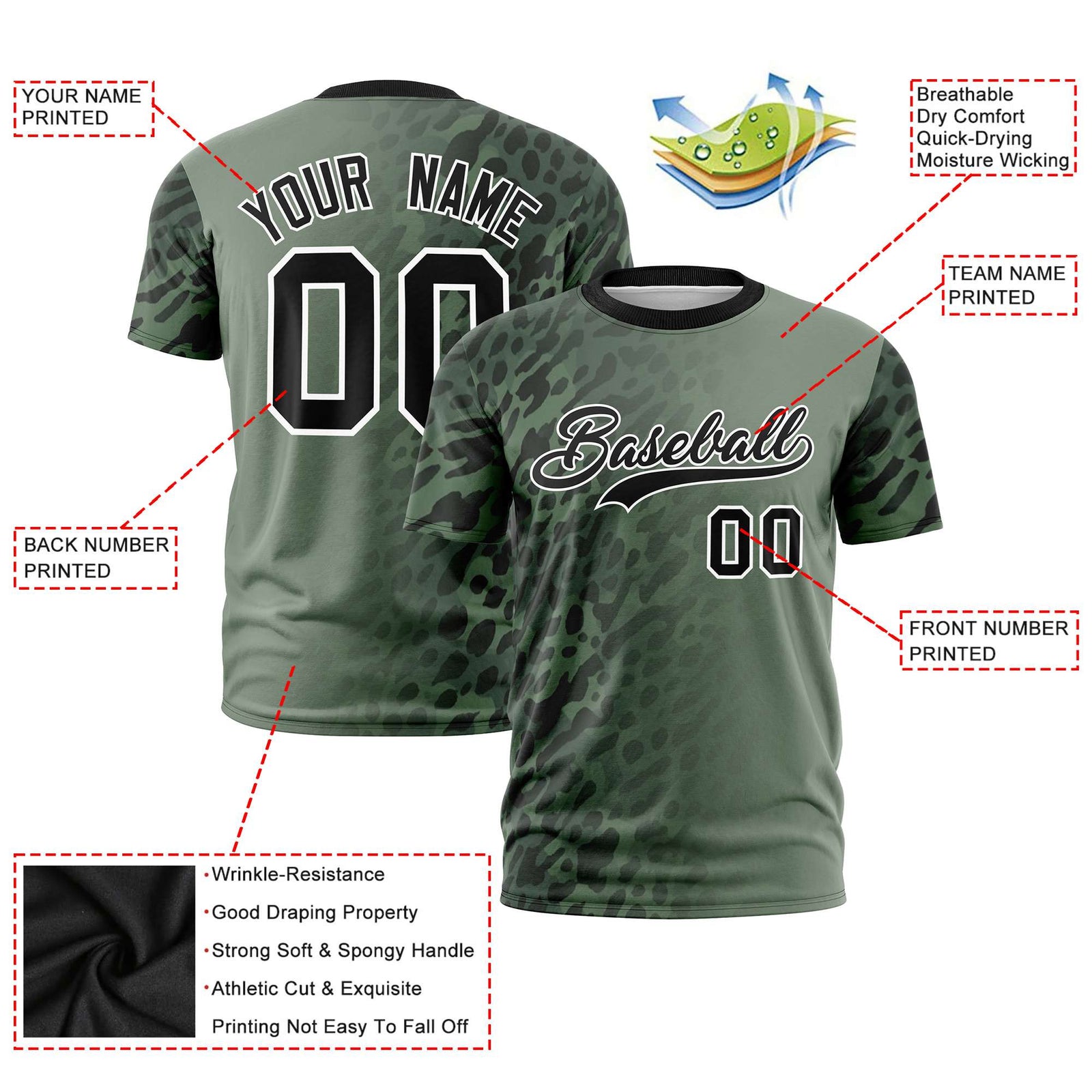 Custom Olive Black Personalized Leopard Print Graffiti Pattern Performance T-Shirt