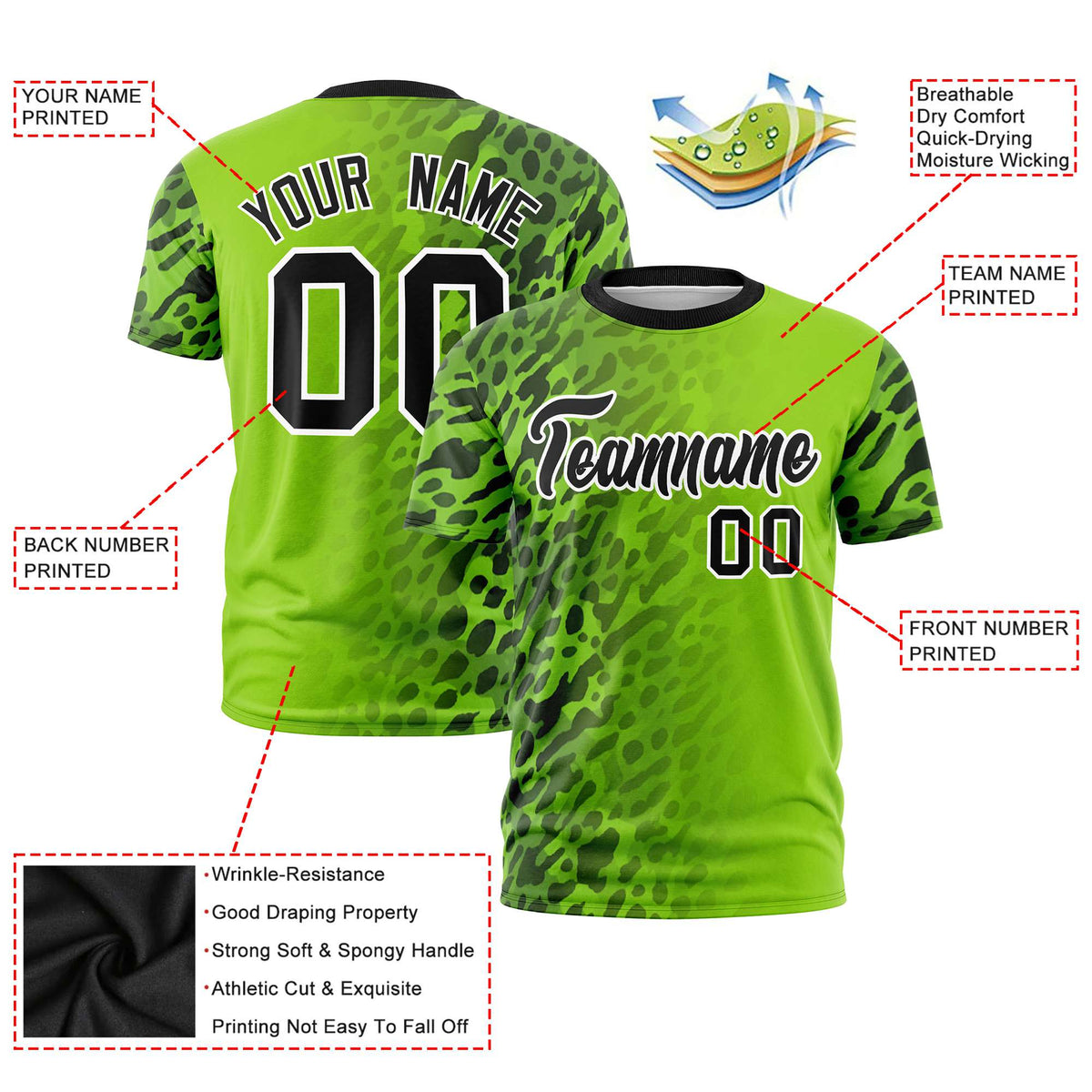 Custom Neon Green Black Personalized Leopard Print Graffiti Pattern Performance T-Shirt