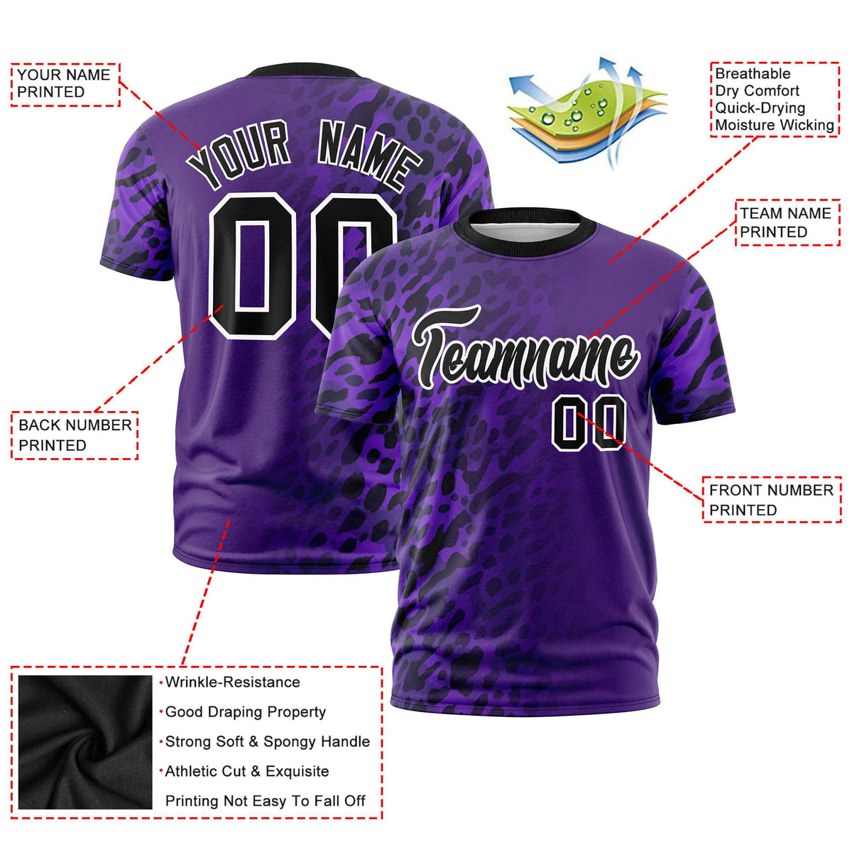 Custom Purple Black Personalized Leopard Print Graffiti Pattern Performance T-Shirt