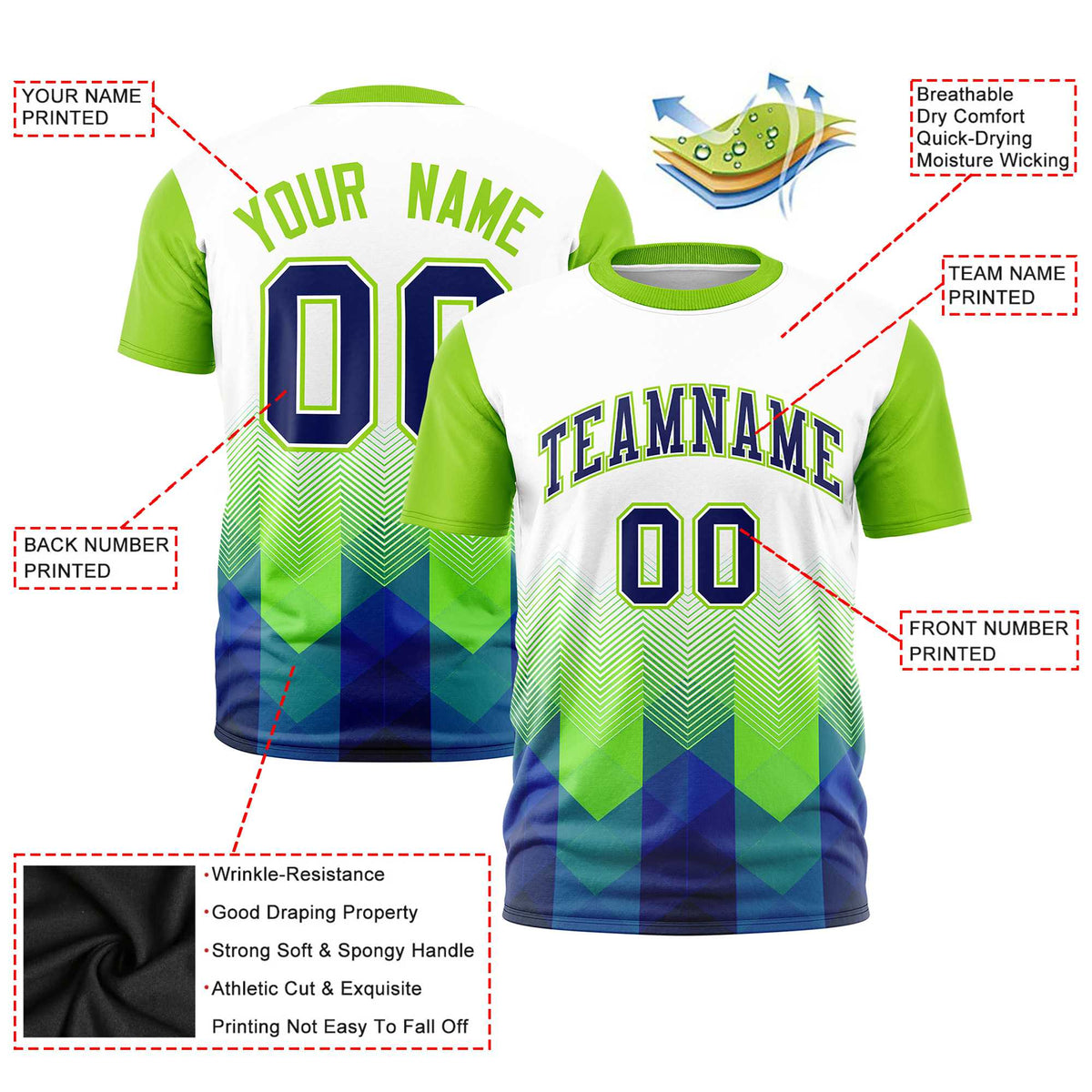 Custom White Neon Green Gradient Ripple Fashion Raglan Sleeves Performance T-Shirt