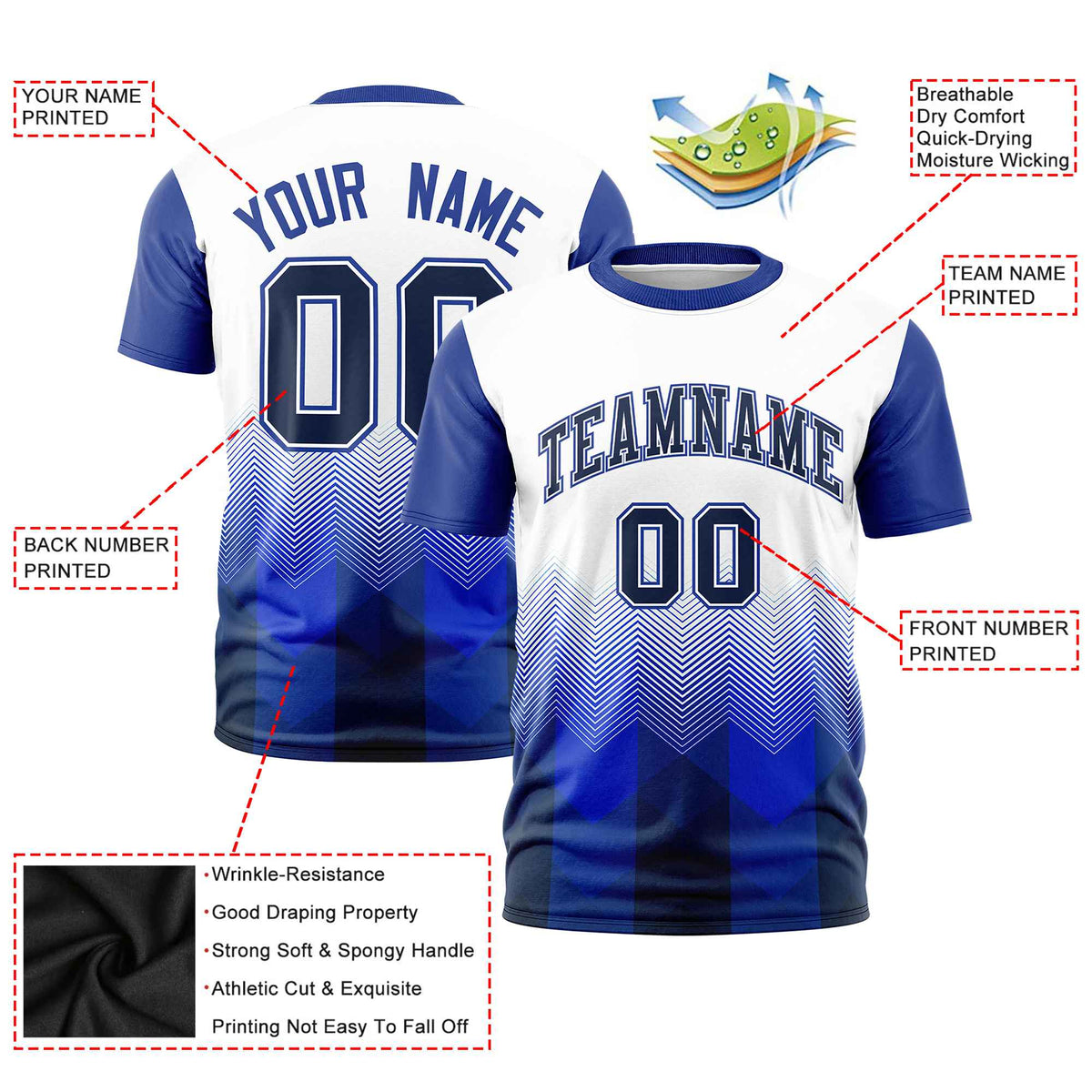 Custom White Royal Blue Gradient Ripple Fashion Raglan Sleeves Performance T-Shirt