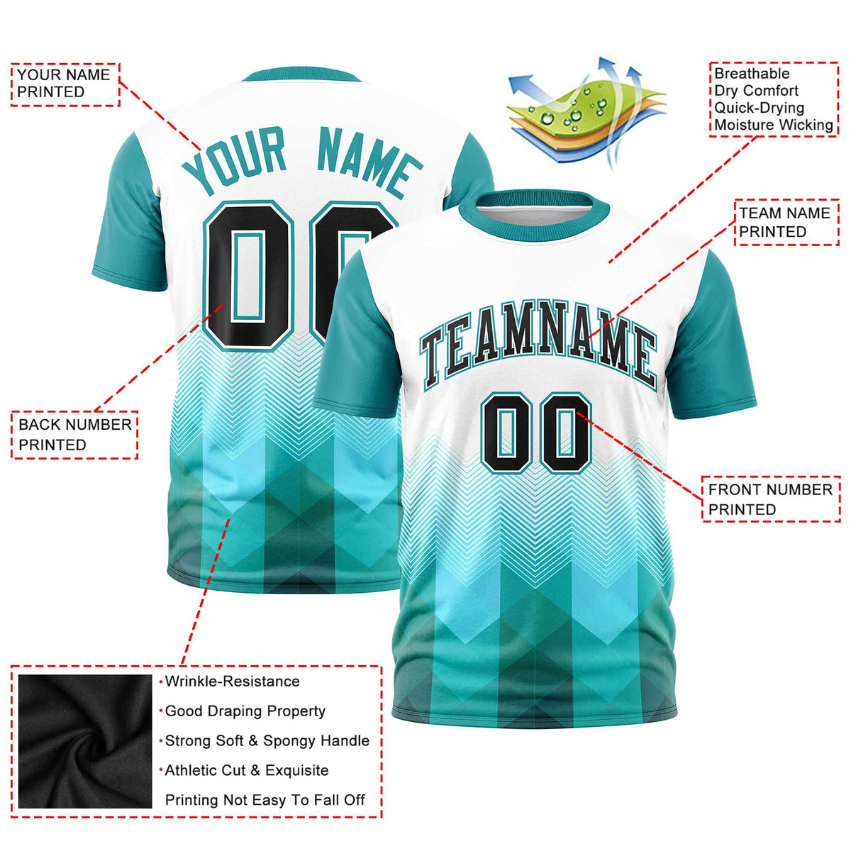 Custom White Aqua Gradient Ripple Fashion Raglan Sleeves Performance T-Shirt