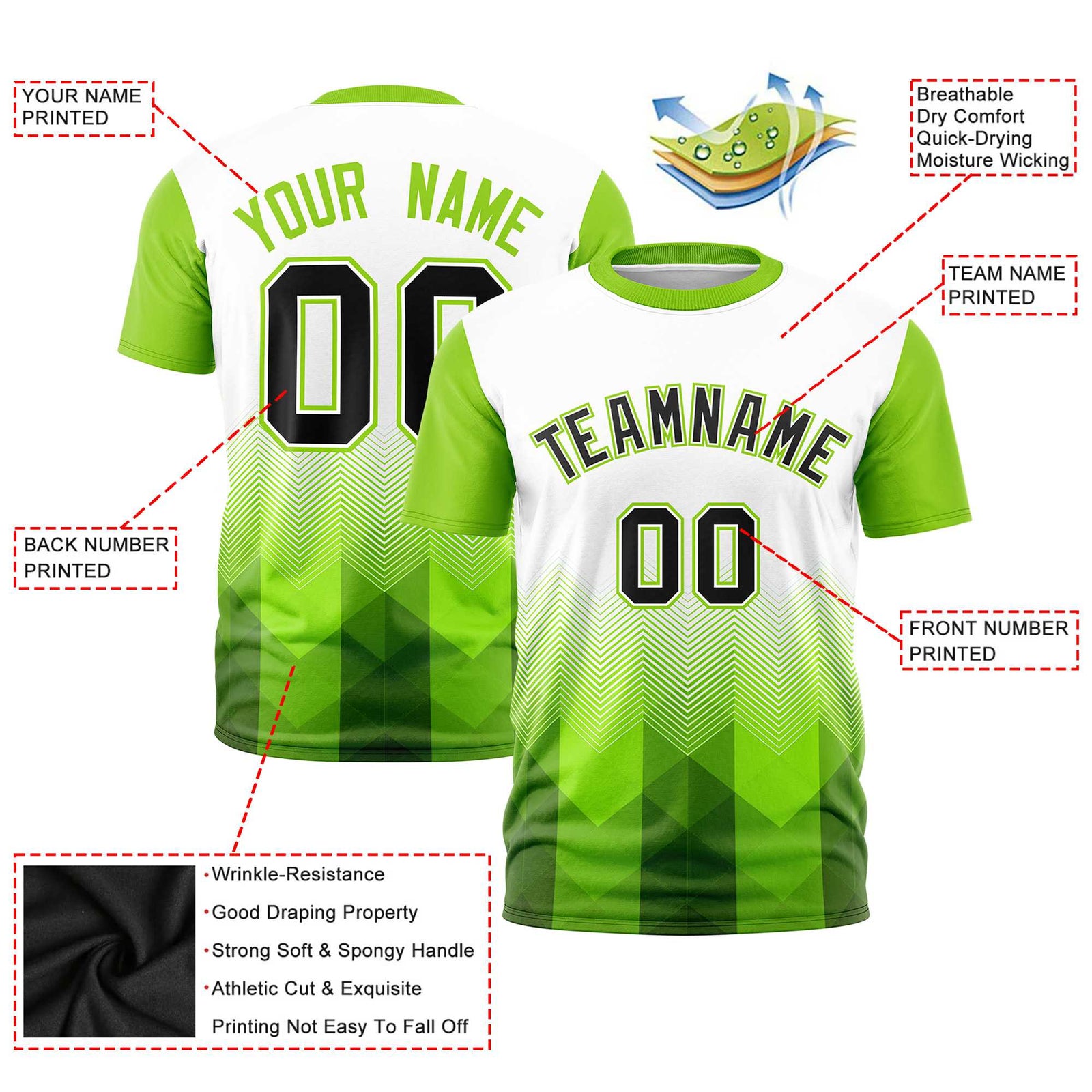 Custom White Neon Green Gradient Ripple Fashion Raglan Sleeves Performance T-Shirt