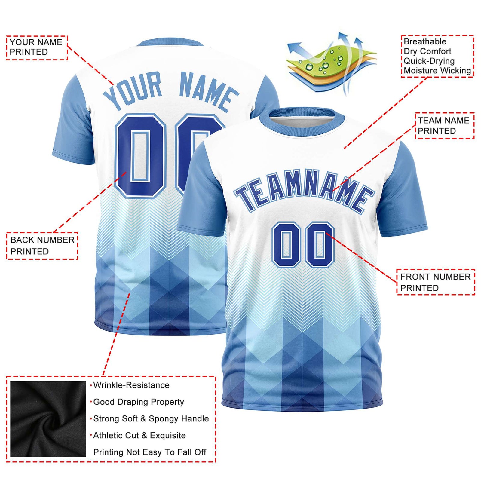 Custom White Light Blue Gradient Ripple Fashion Raglan Sleeves Performance T-Shirt