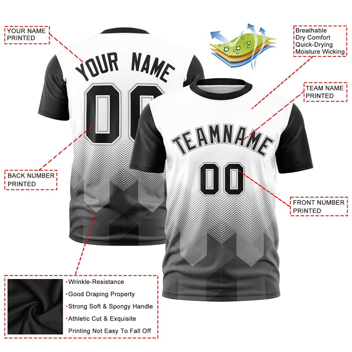 Custom White Black Gradient Ripple Fashion Raglan Sleeves Performance T-Shirt