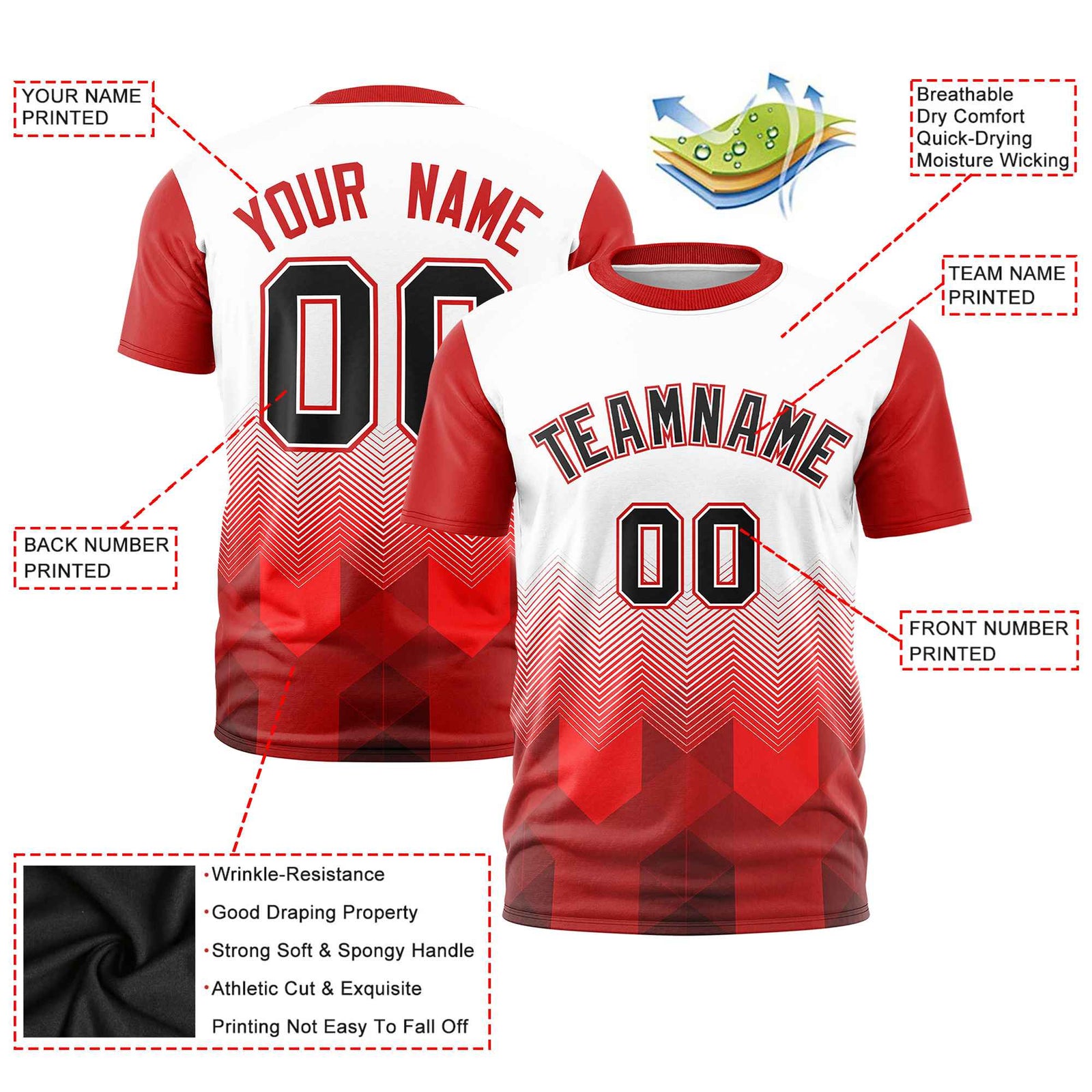 Custom White Red Gradient Ripple Fashion Raglan Sleeves Performance T-Shirt