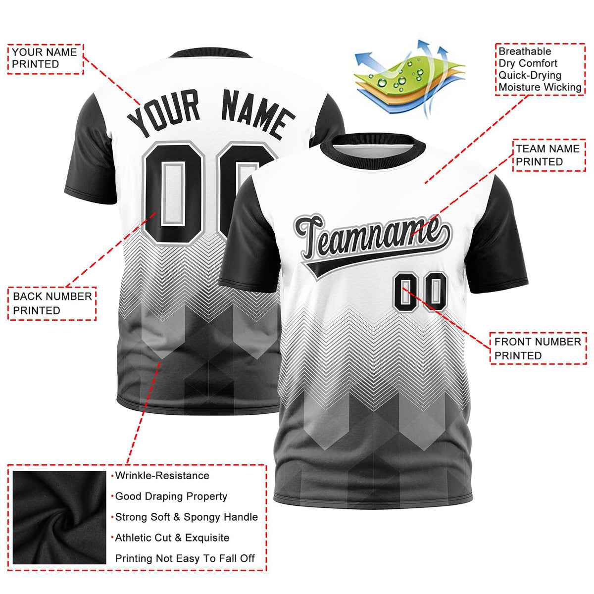 Custom White Black Gradient Ripple Fashion Raglan Sleeves Performance T-Shirt