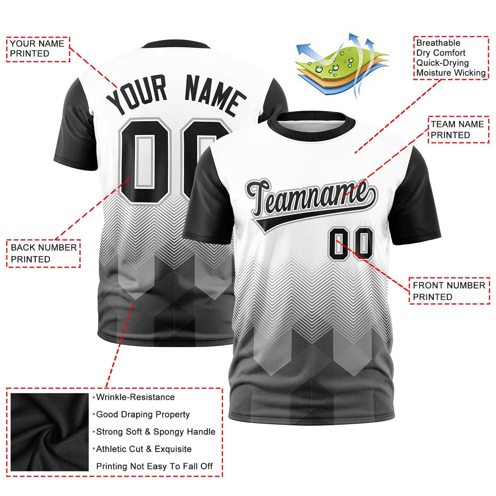 Custom White Black Gradient Ripple Fashion Raglan Sleeves Performance T-Shirt