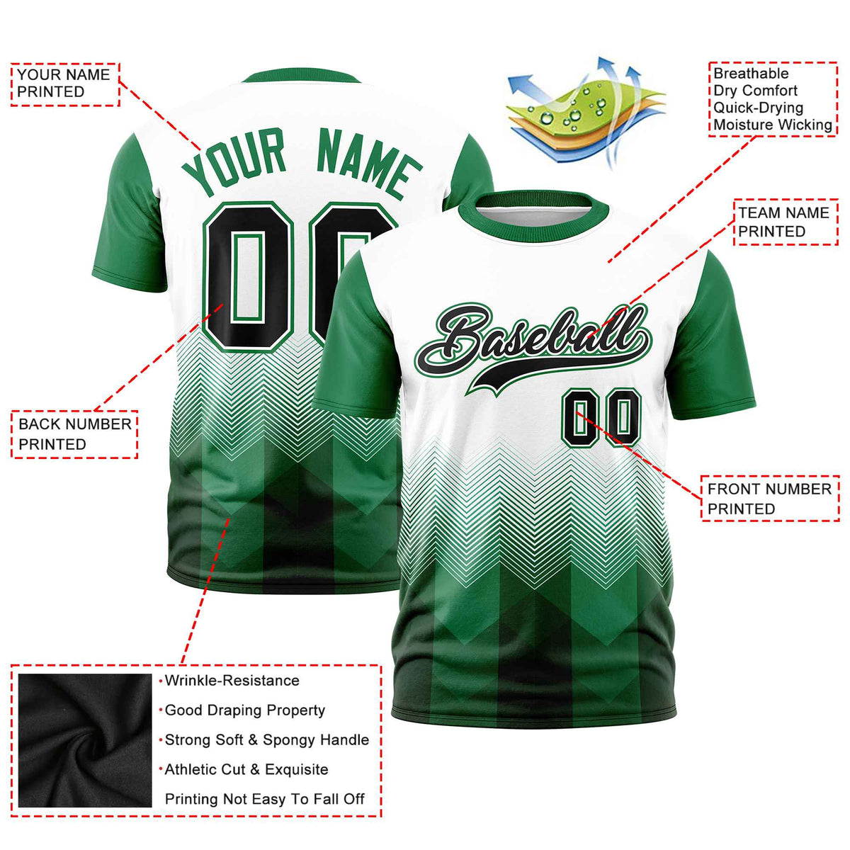 Custom White Kelly Green Gradient Ripple Fashion Raglan Sleeves Performance T-Shirt