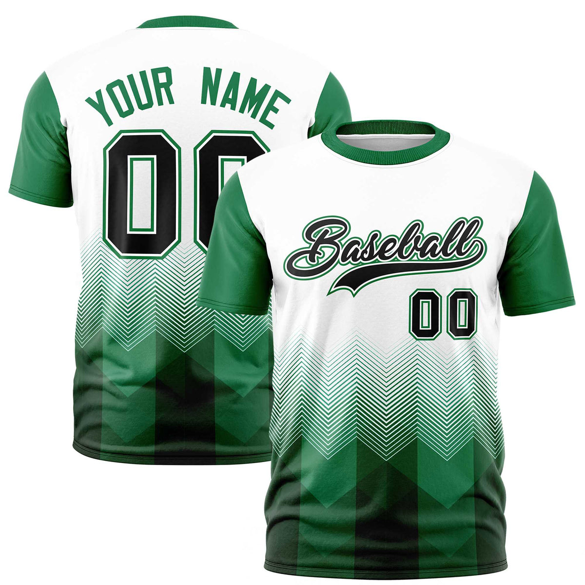 Custom White Kelly Green Gradient Ripple Fashion Raglan Sleeves Performance T-Shirt