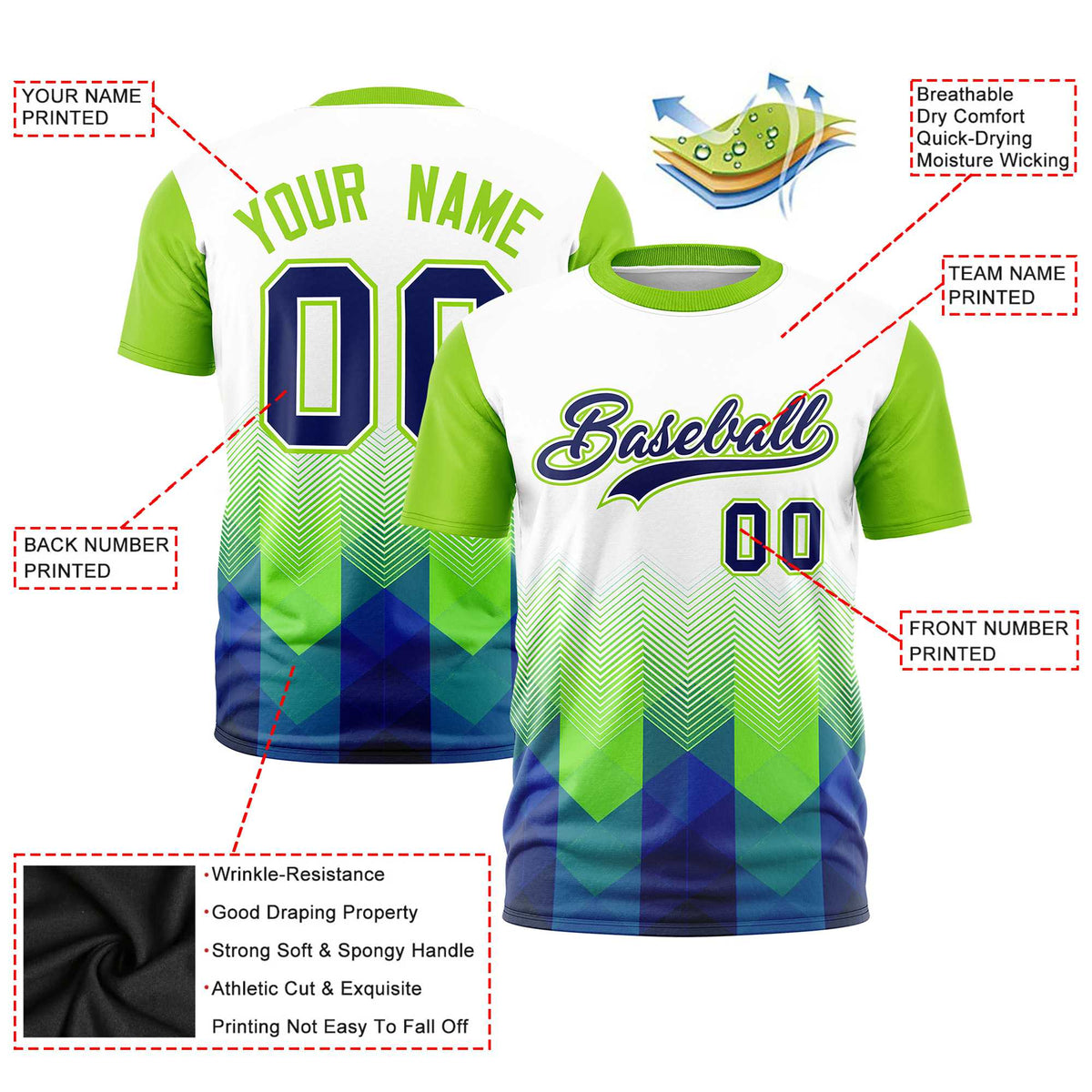 Custom White Neon Green Gradient Ripple Fashion Raglan Sleeves Performance T-Shirt