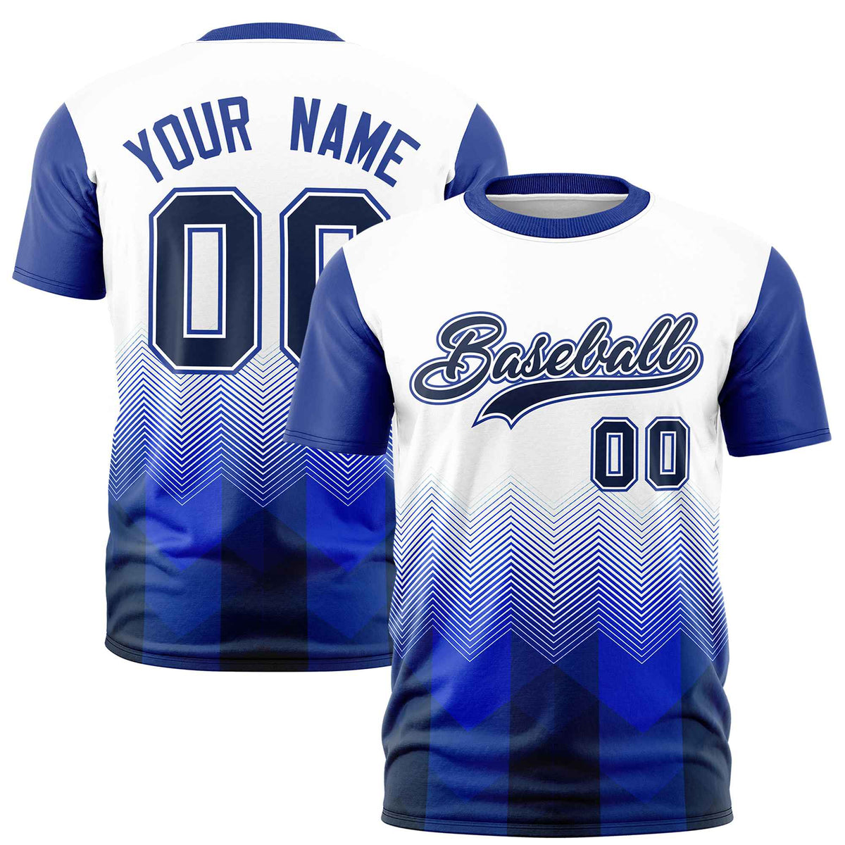 Custom White Royal Blue Gradient Ripple Fashion Raglan Sleeves Performance T-Shirt