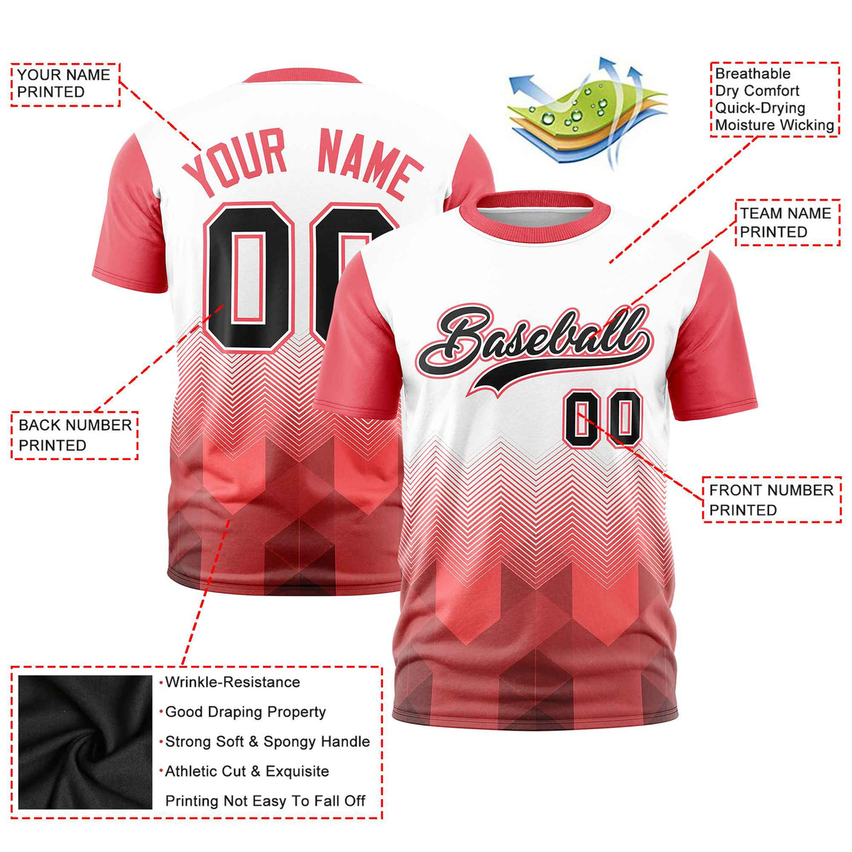 Custom White Light Red Gradient Ripple Fashion Raglan Sleeves Performance T-Shirt