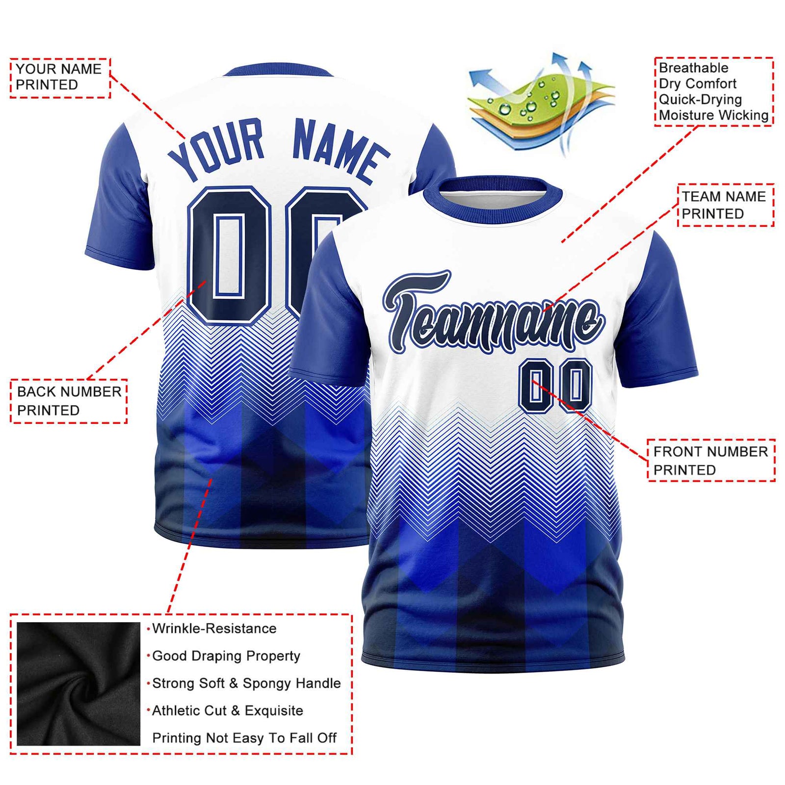 Custom White Royal Blue Gradient Ripple Fashion Raglan Sleeves Performance T-Shirt