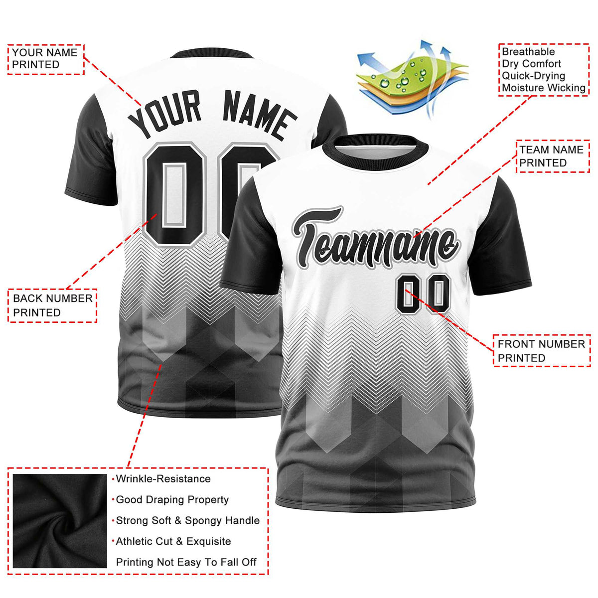 Custom White Black Gradient Ripple Fashion Raglan Sleeves Performance T-Shirt